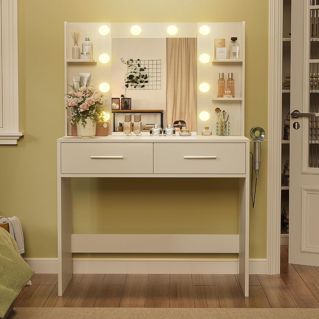 YESHOMY Vanity Desk with Mirror, Makeup Table with 2 Large Drawers, Power Outlet and Round Holder, 3 Color Modes Adjustable Bulb, White