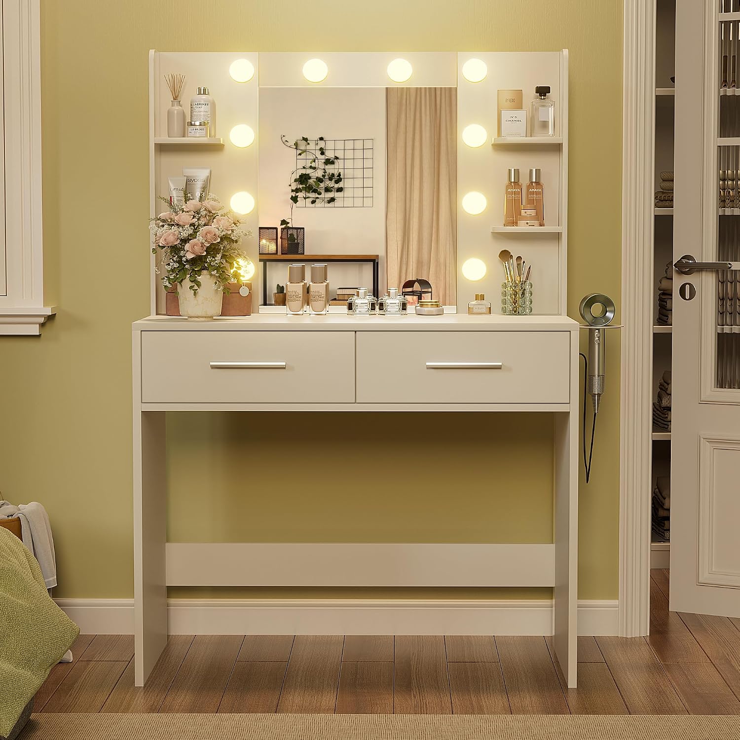 YESHOMY Vanity Desk with Mirror, Makeup Table with 2 Large Drawers, Power Outlet and Round Holder, 3 Color Modes Adjustable Bulb, White