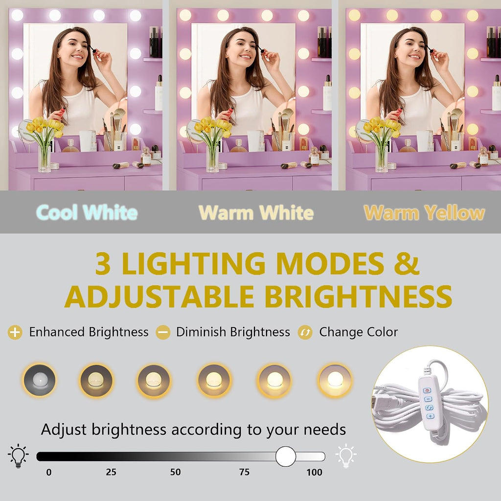 Vanity Desk with Mirror and Lights, Makeup Vanity Table Set with 5 Storage Drawers, Power Outlet & Chair, Small Dressing Table with RGB Ambient Light, Adjustable Brightness for Girls Bedroom, Purple
