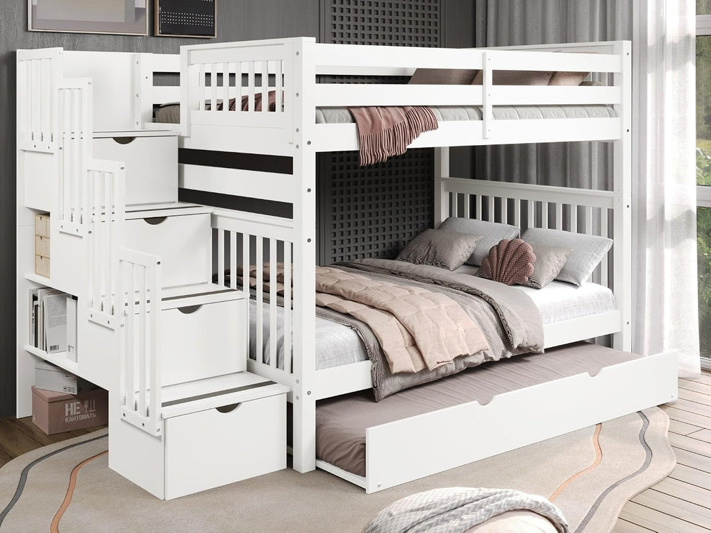 Bedz King Stairway Bunk Beds Full Over Full, 4 Step Drawers, Full Trundle, White