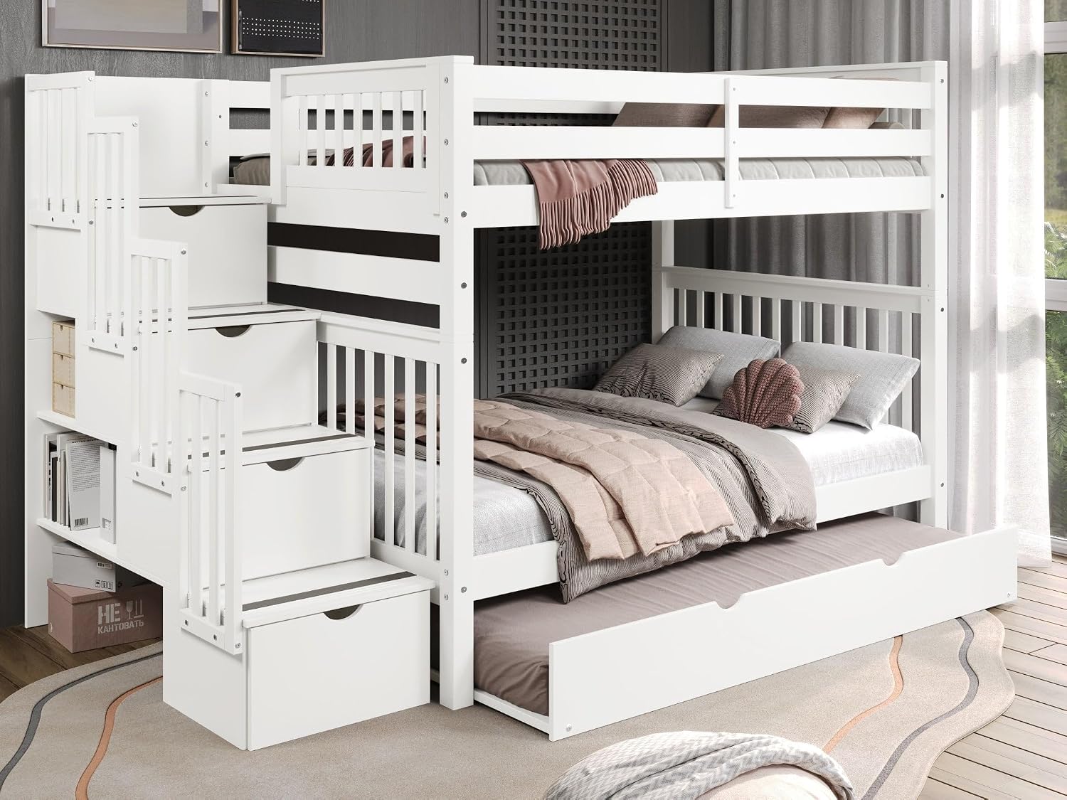 Bedz King Stairway Bunk Beds Full Over Full, 4 Step Drawers, Full Trundle, White