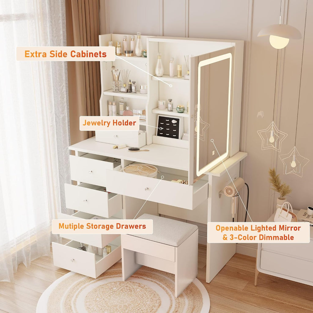 DYHOME Makeup Vanity Desk with LED Lights Mirror 3 Adjustable Modes and Power Outlets, Vanity Table with 6 Drawers Dresser and Bench, Makeup Desk for Bedroom Dressing Room, White