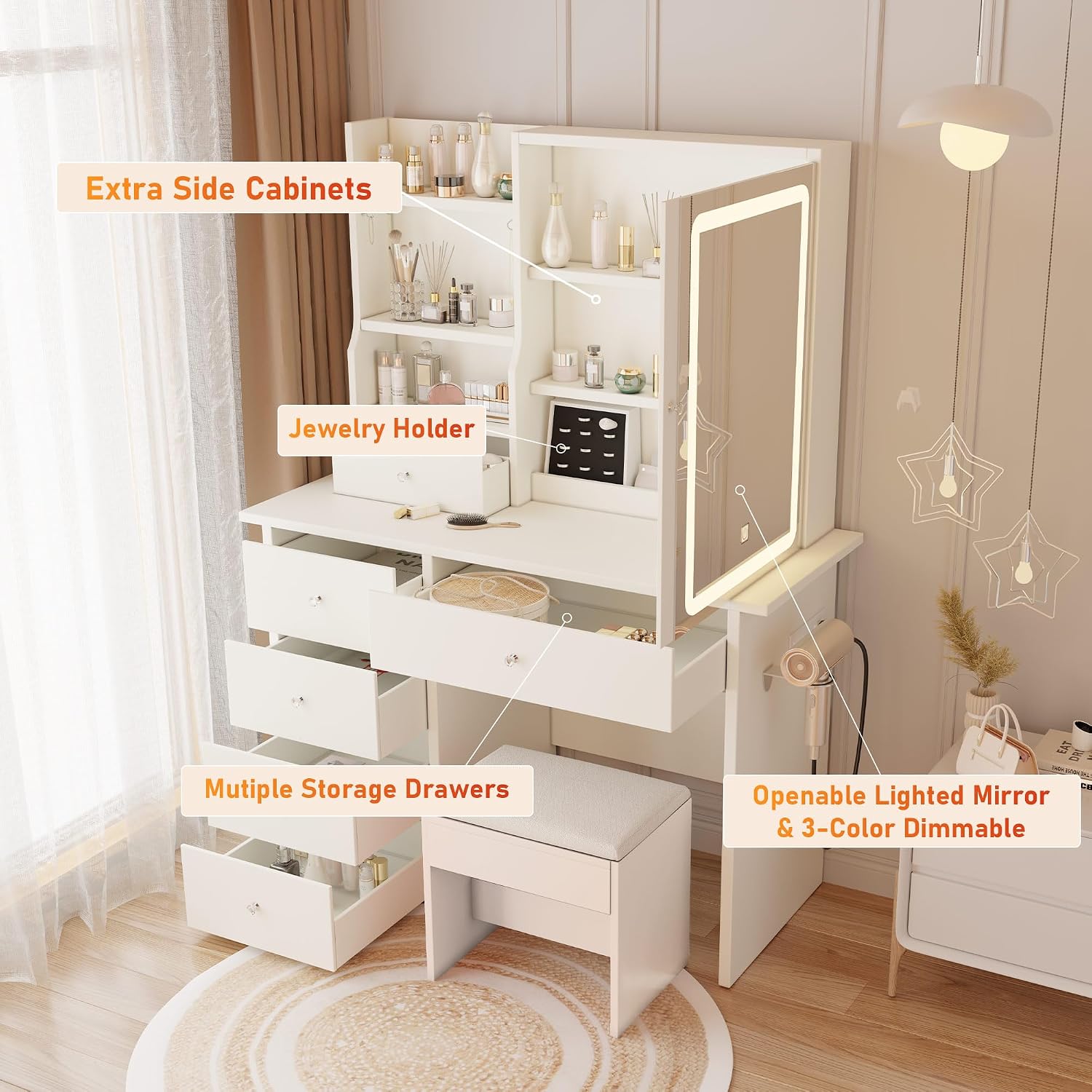 DYHOME Makeup Vanity Desk with LED Lights Mirror 3 Adjustable Modes and Power Outlets, Vanity Table with 6 Drawers Dresser and Bench, Makeup Desk for Bedroom Dressing Room, White