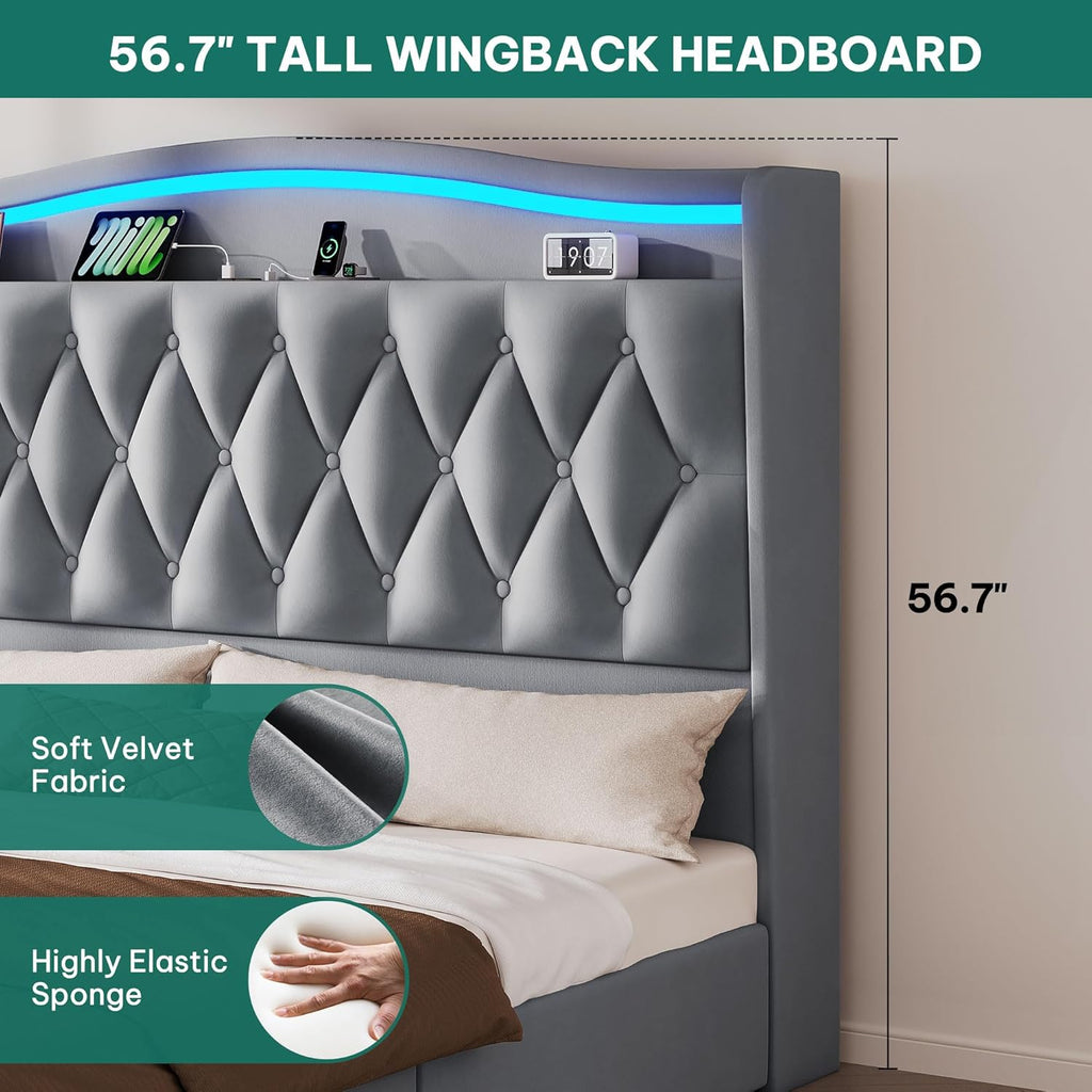 DWVO King Size Bed Frame with 4 Storage Drawers and RGB LED Lights, 57'' Tall Headboard Velvet Upholstered Bed with Charging Station, No Box Spring Needed, Easy Assembly, Noise-Free, Grey