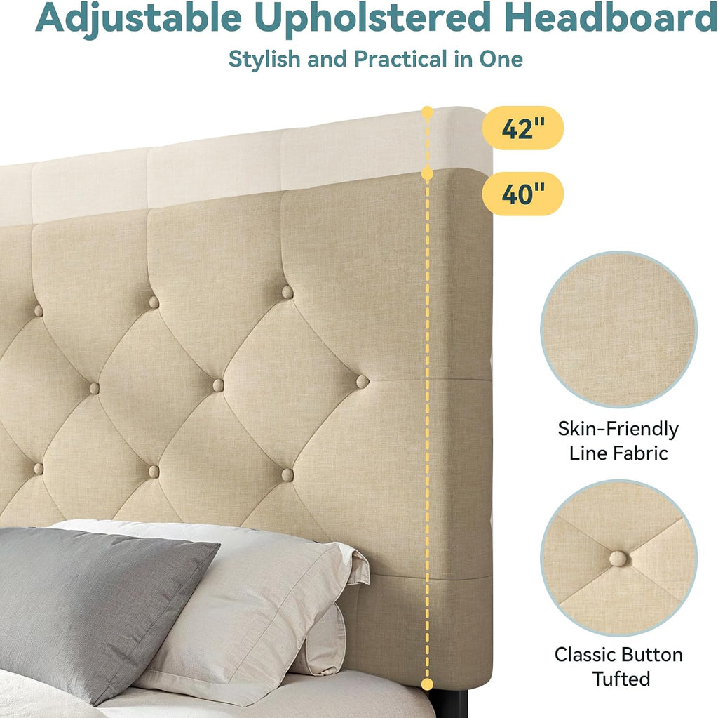 HOOMIC King Platform Storage Bed Frame with 4 Drawers & Adjustable Headboard, Wooden Slats, No Box Spring Needed,Diamond Stitched Button Tufted Design,Beige