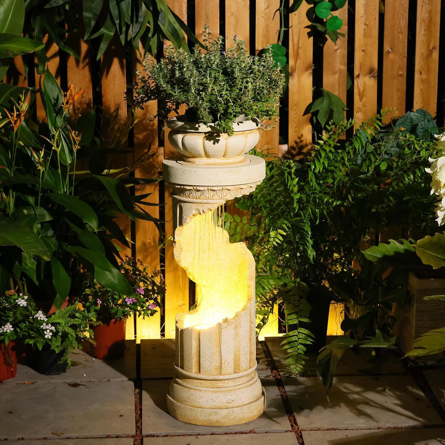 Sunlinua Outdoor Water Fountain with LED Light, Modern Spiral Tiered Outdoor Fountain with Stone Planter Curved Freestanding Waterfall Fountains for Garden Patio Deck Porch