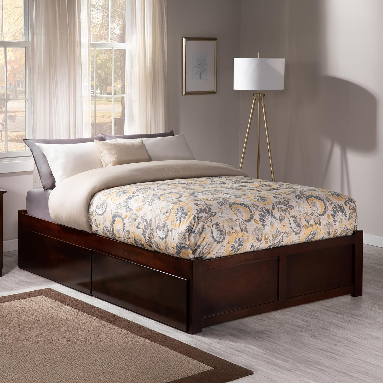 AFI Concord Queen Size Platform Bed with Footboard & Storage Drawers in Walnut