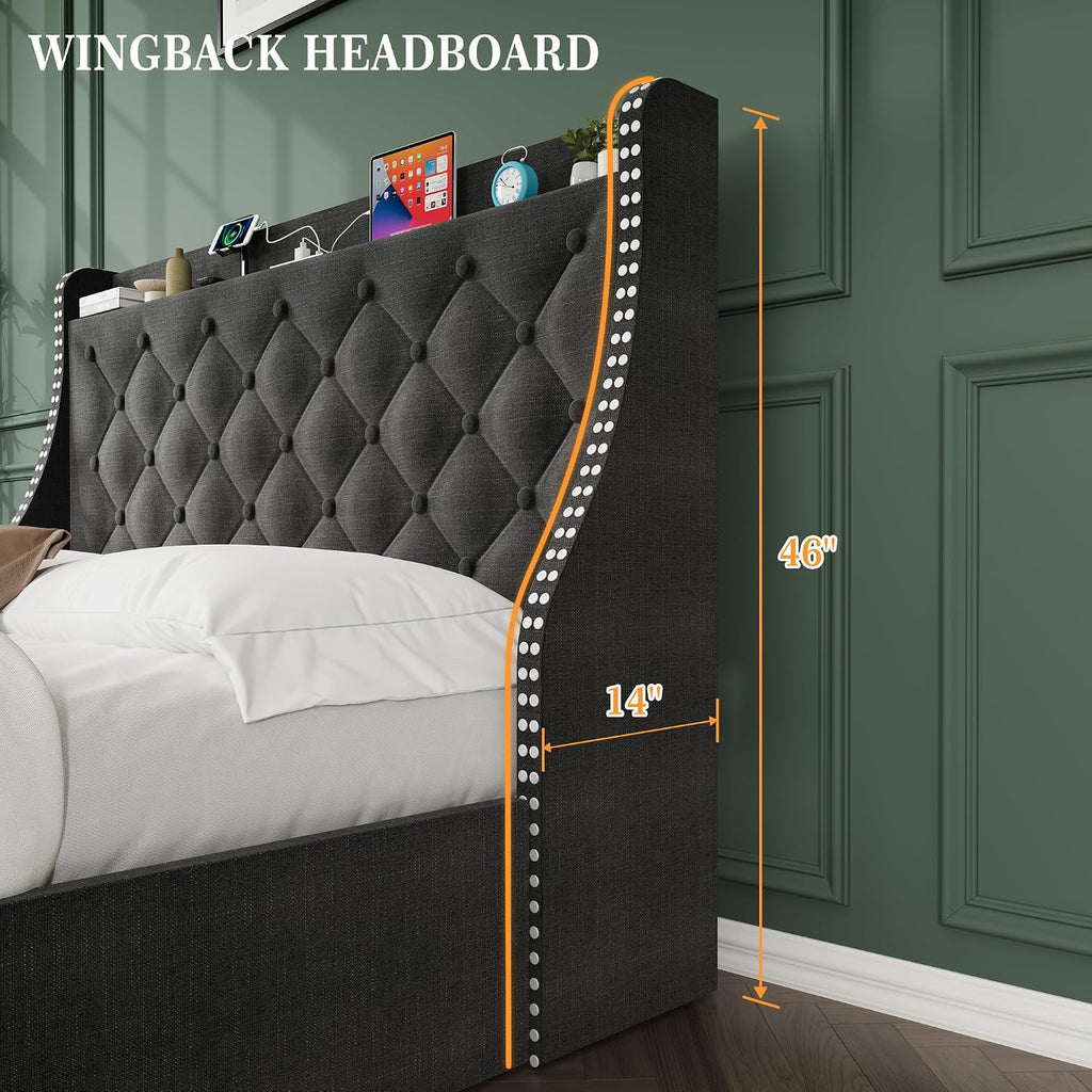 Upholstered Queen Bed Frame with 4 Storage Drawers, Wingback Headboard with Charging Station, Diamond Stitched Button Tufted Design, No Box Spring Needed, Grey