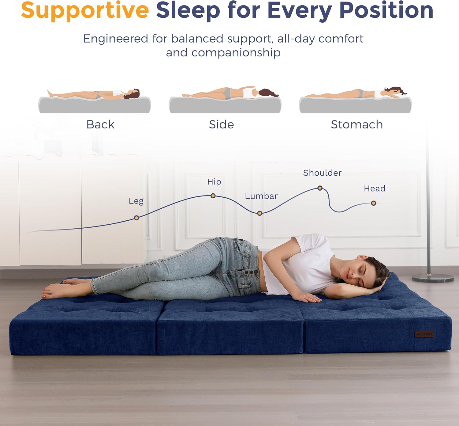 MAXYOYO 6' Folding Sofa Bed for Floor, Tufted Tri-Fold Floor Mattress with Chenille Fabric, Queen Size Portable Sofa Couch Guest Mat for Adults, Foldable Topper for Camping, Navy, 59'x78.7'