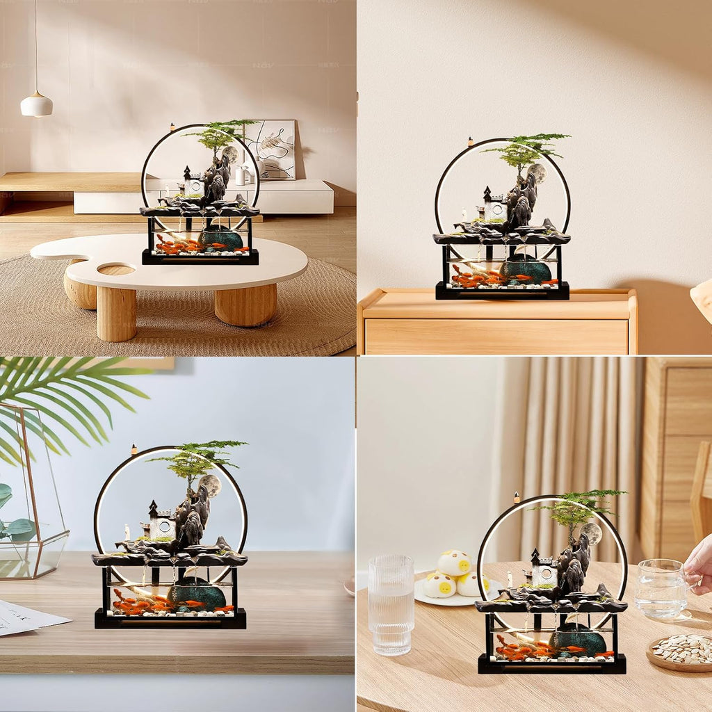 Desktop Ceramic Water Fountain Fish Tank - Adjustable Water Flow with LED Lights | Indoor Decoration Fortune Gifts+15 PCS Free Crystals (Style 2)
