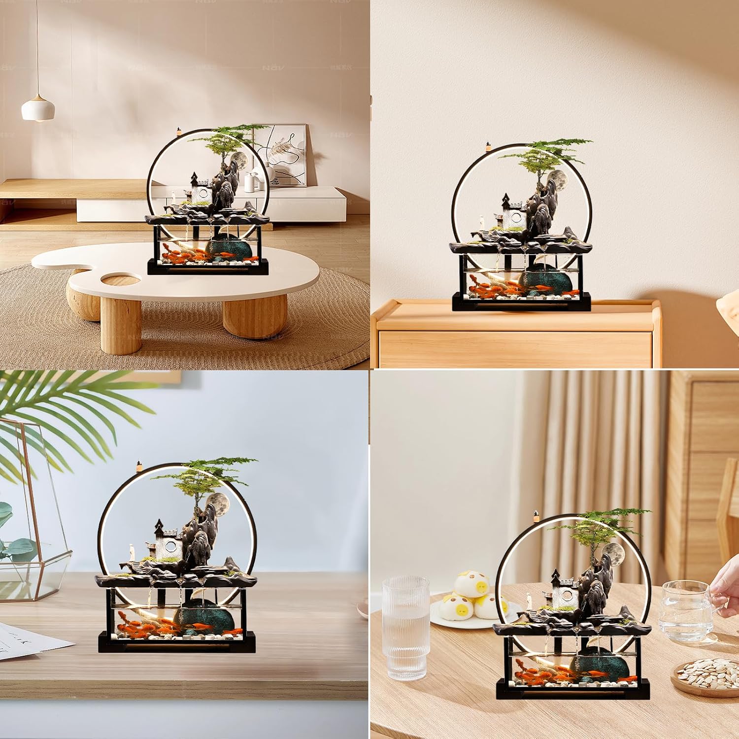 Desktop Ceramic Water Fountain Fish Tank - Adjustable Water Flow with LED Lights | Indoor Decoration Fortune Gifts+15 PCS Free Crystals (Style 2)