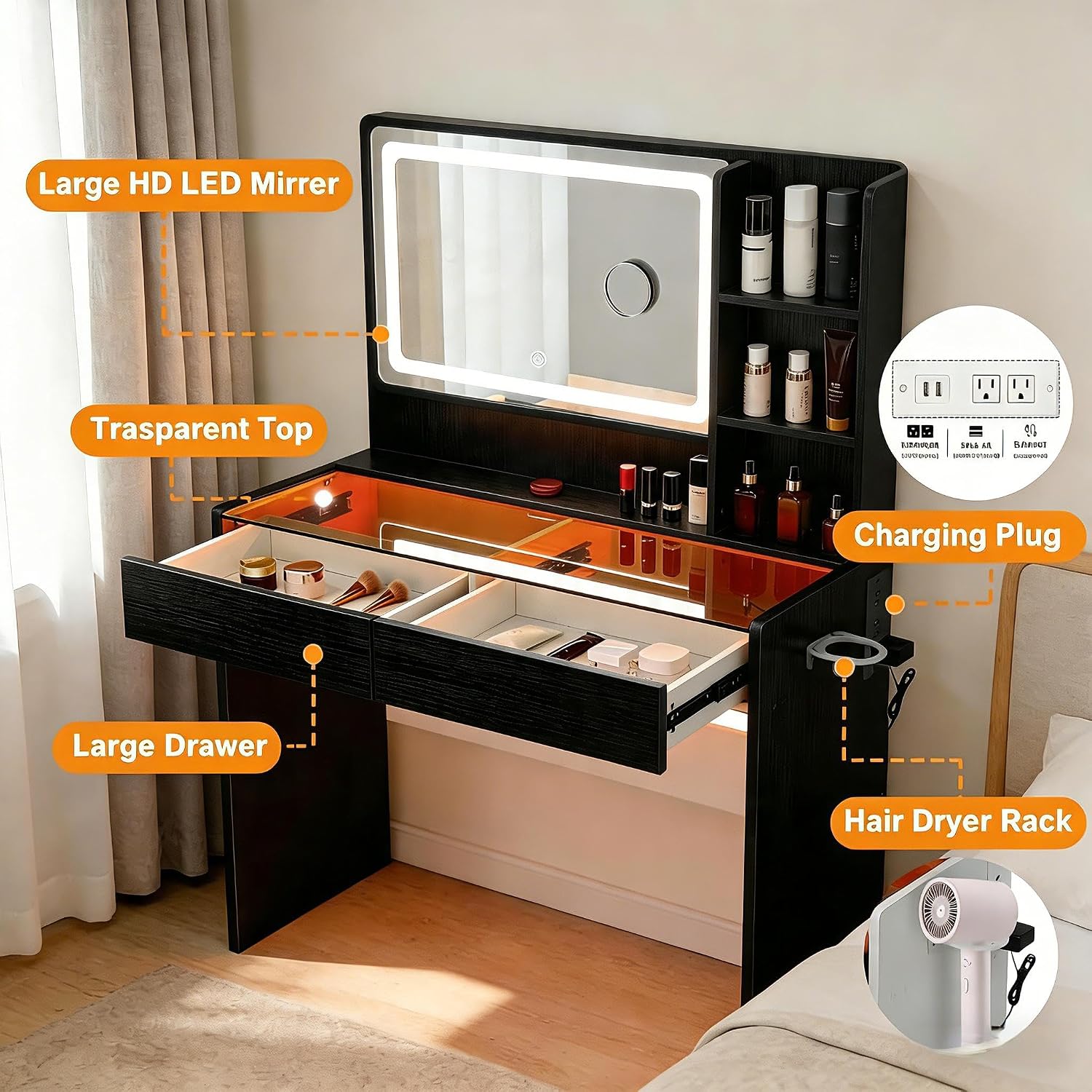 Vanity Desk, Makeup Vanity Desk with Mirror and Lights, Transparent Top with LED Multiple Color Lights, Mirror 3 Color Modes 2 Drawers, Power Outlet, Dressing Table for Girls Bedroom, Black
