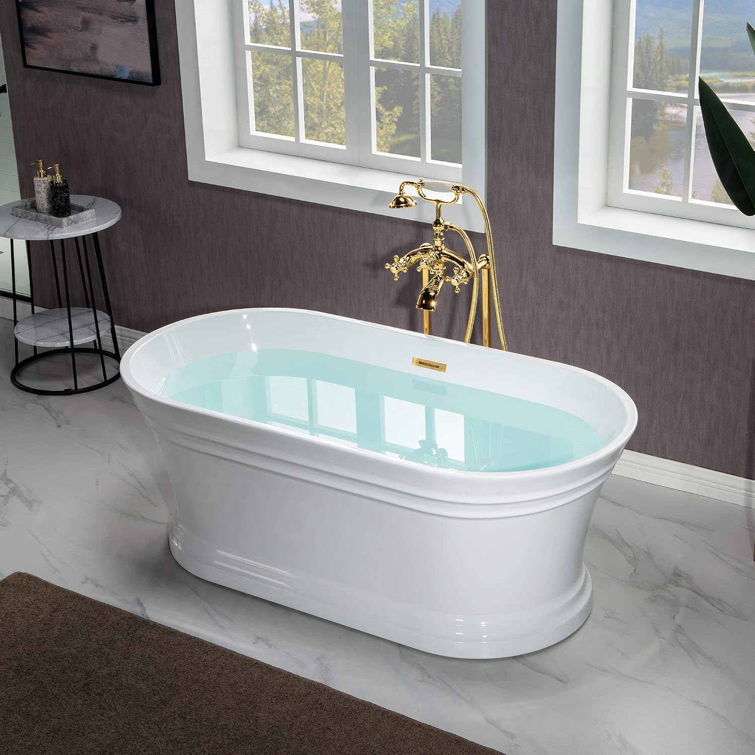 WOODBRIDGE 59'Freestanding White Acylic Soaking Bathtub with White Pillow,Drain and Overflow inBrushed Gold,BTA1536 -BG-Drain &O+ Pillow