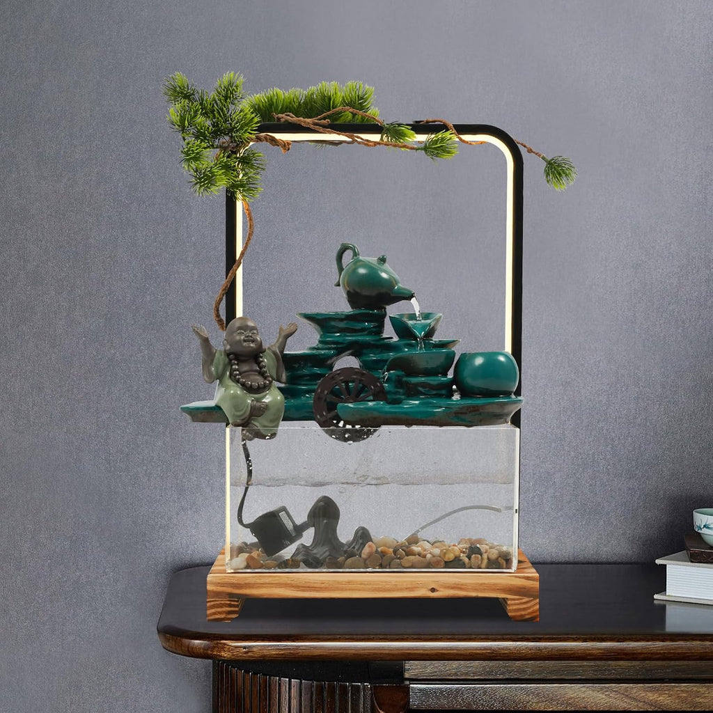 Tabletop Water Fountains, H18in Indoor Waterfall Clear Fish Tank, Backflow Incense Holder Feng Shui Decor for Meditation Living Room, Fish Tank Size W10*D4.7*H5in