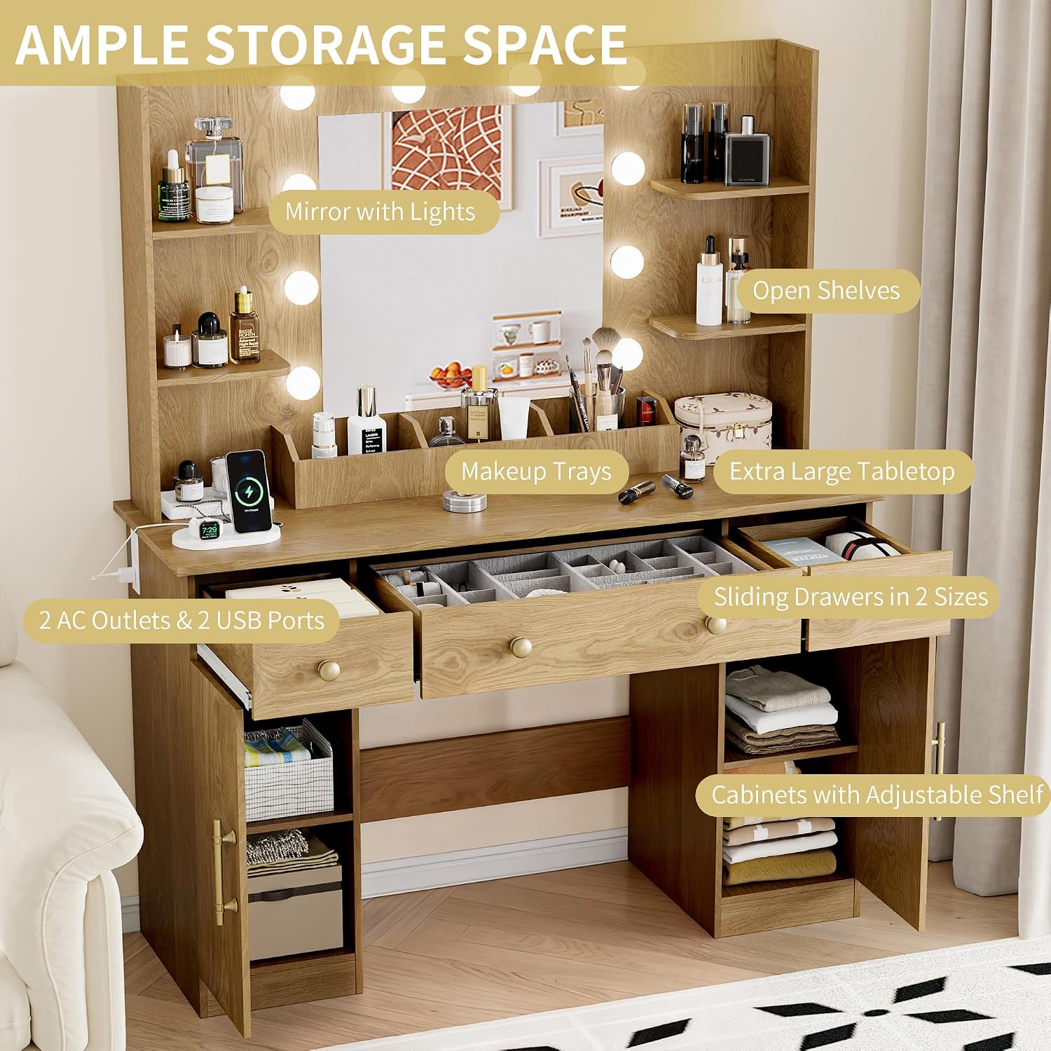 Vanity Desk with Mirror and Lights, 43'' Makeup Dressing Table Set with 5 Drawers & Power Outlet, 3 Lighting Modes Brightness Adjustable, Vanity with RGB Ambient Light for Women Girls Bedroom, Oak