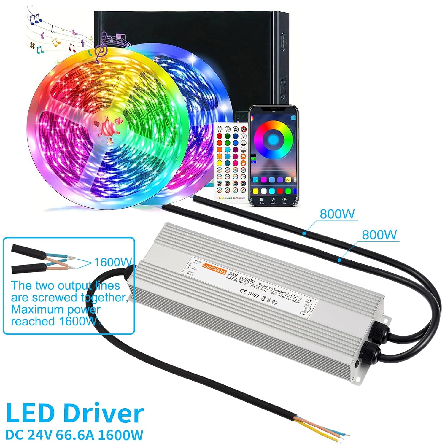 LED Driver 24V 1600W Waterproof Power Supply AC 90-130V to DC 24V66.6A Low-Voltage Transformer IP67 Switching Power Supply Suitable for High-Power LED Lighting and Any 24V DC Equipment