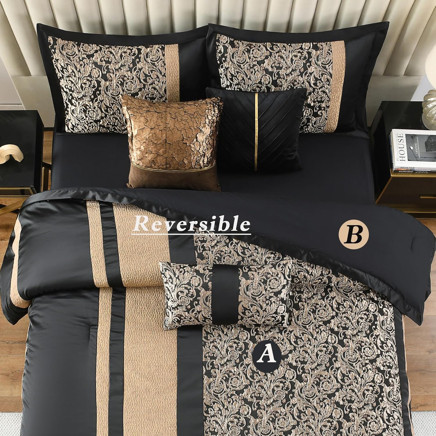 PANGUSHAN 7 Pieces Comforter Set King Size, Luxury Silky Elegant Jacquard Fluffy Reversible Bedding Set with Bed Skirt, Shams and Pillows, Bed in a Bag King, Down Alternative, Black/Gold