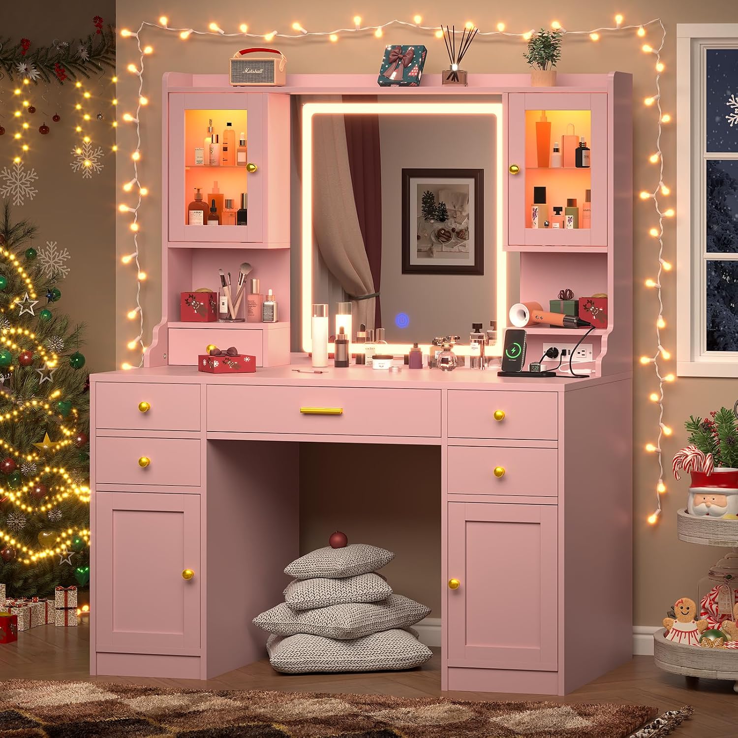 CSZZD Vanity Desk with LED Lighted Mirror, 41.3' Makeup Vanity Table with Power Outlet and 6 Drawers & Storage Shelves for Bedroom, Dressing Table with RGB Cabinets, Pink