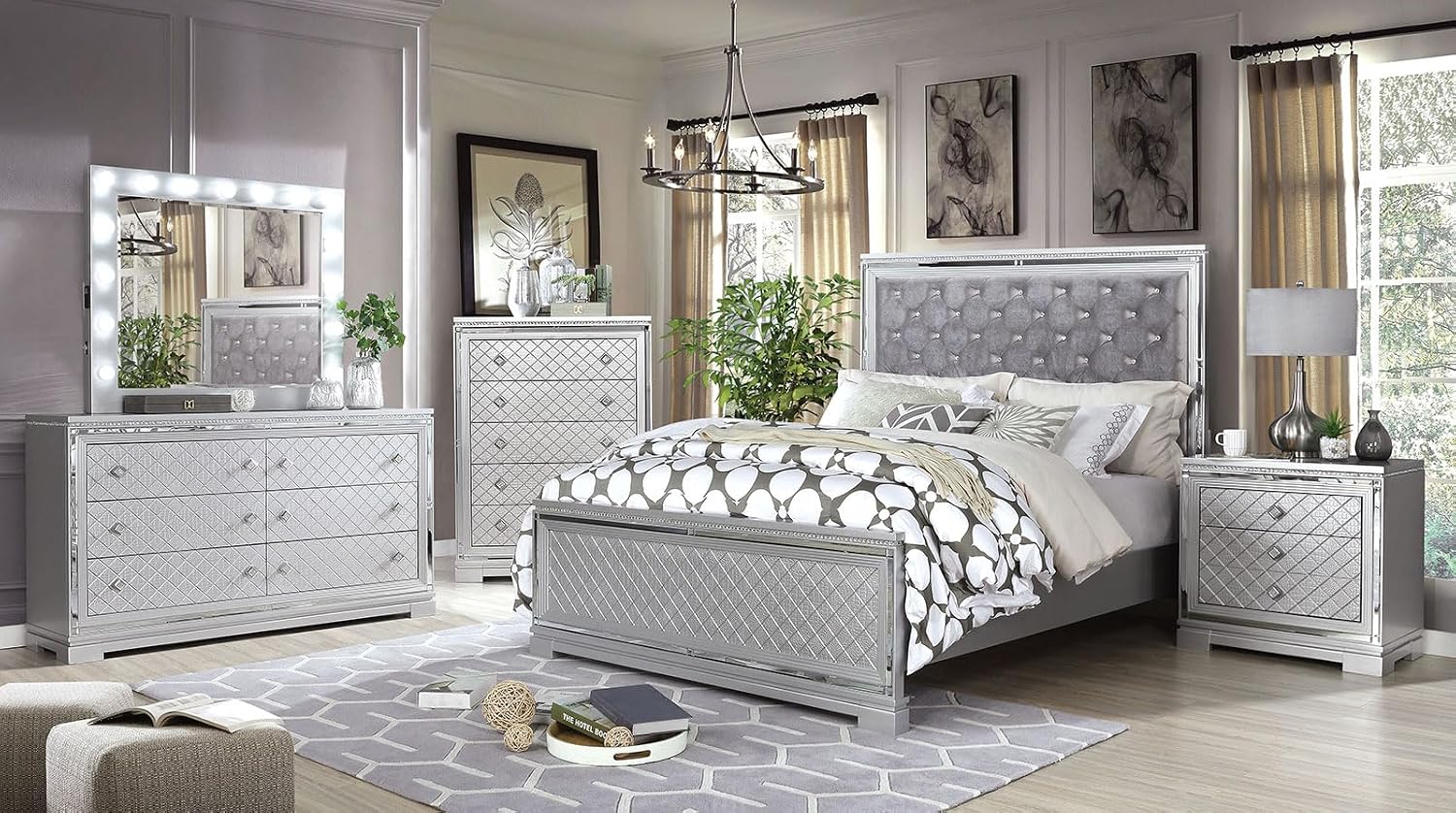 MASARA 4-Piece Queen Bedroom Set, Glam Silver with Tufted Velvet Headboard, LED Mirror, USB Charging
