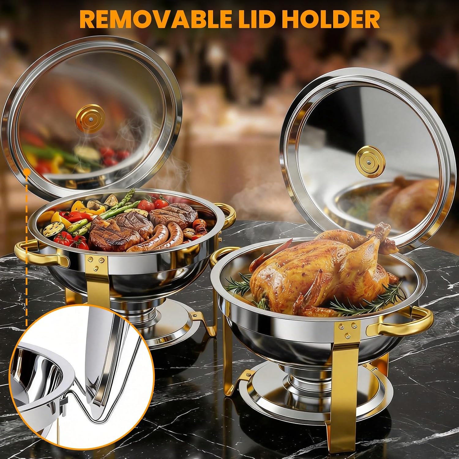 ALSO GO Round Chafing Dishes for Buffet with 4 Serving Tongs, 4 Pack 6QT Chafing Dishes Buffet Set, Golden Stainless Steel Catering Food Warmer for for Party, Gathering, Banquet, Wedding