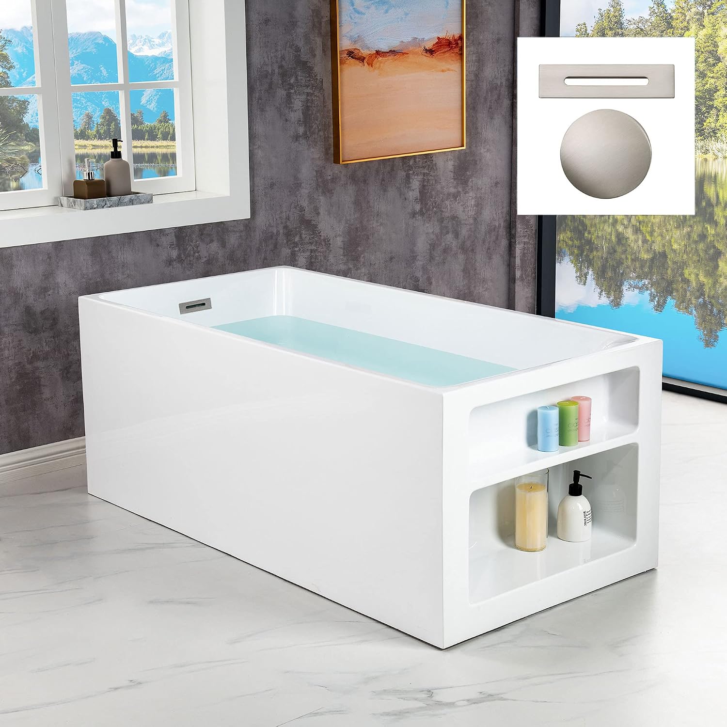 WOODBRIDGE 59' Acrylic Freestanding Bathtub Contemporary Soaking White Tub with Brushed Nickel Overflow and Drain，BTA0081-B/N-Drain&O