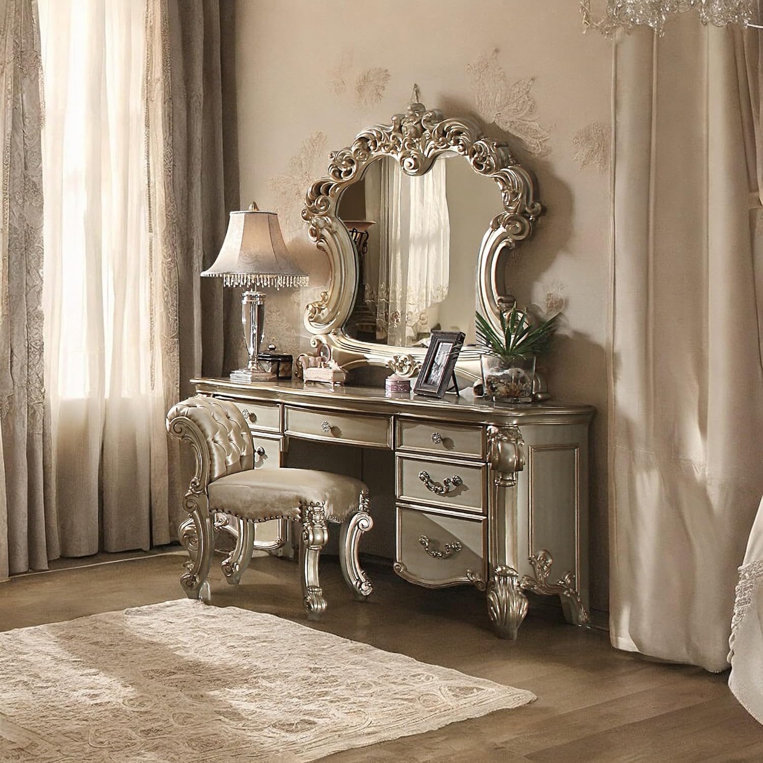 Acme Vendome Vanity Desk in Gold Patina & Bone