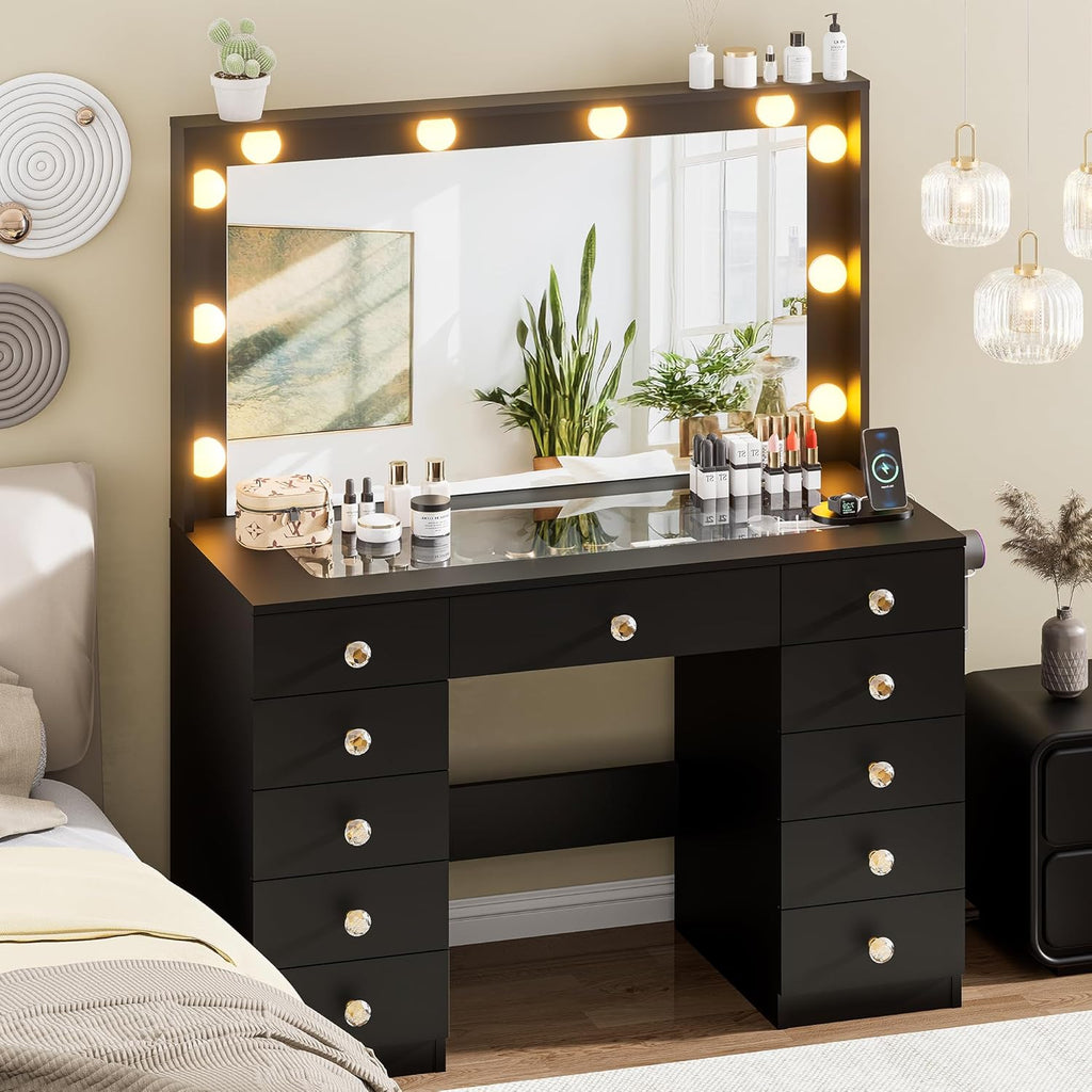 DINGIPP 42.1' Vanity with Large Mirror and 10 LED Lights, Vanity Desk with Glasstop, 11 Drawers with Crystal Handles, Dressing Table with Power Outlet as Gift for Women, Girls (Black)