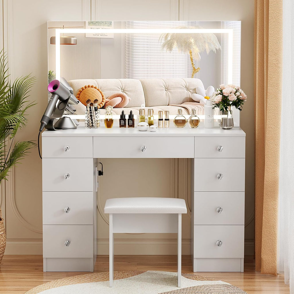 VOWNER Vanity With Lighted Mirror - Makeup Desk With Power Outlet and 9 Drawers, 3 Color Lighting Modes Adjustable Brightness, 43' Table With Soft Cushioned Stool for Bedroom, White