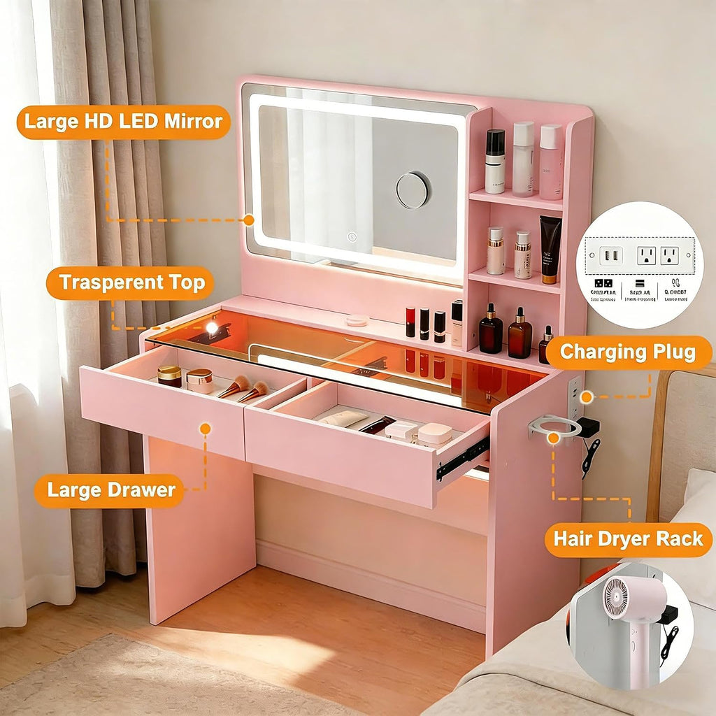 Vanity Desk, Makeup Vanity Desk with Mirror and Lights, Transparent Top with LED Multiple Color Lights, Mirror 3 Color Modes 2 Drawers, Power Outlet, Dressing Table for Girls Bedroom, Pink
