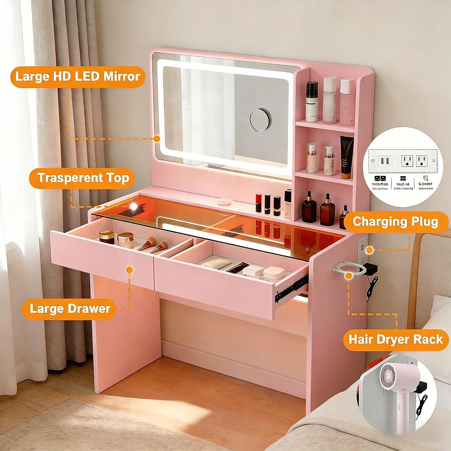 Vanity Desk, Makeup Vanity Desk with Mirror and Lights, Transparent Top with LED Multiple Color Lights, Mirror 3 Color Modes 2 Drawers, Power Outlet, Dressing Table for Girls Bedroom, Pink