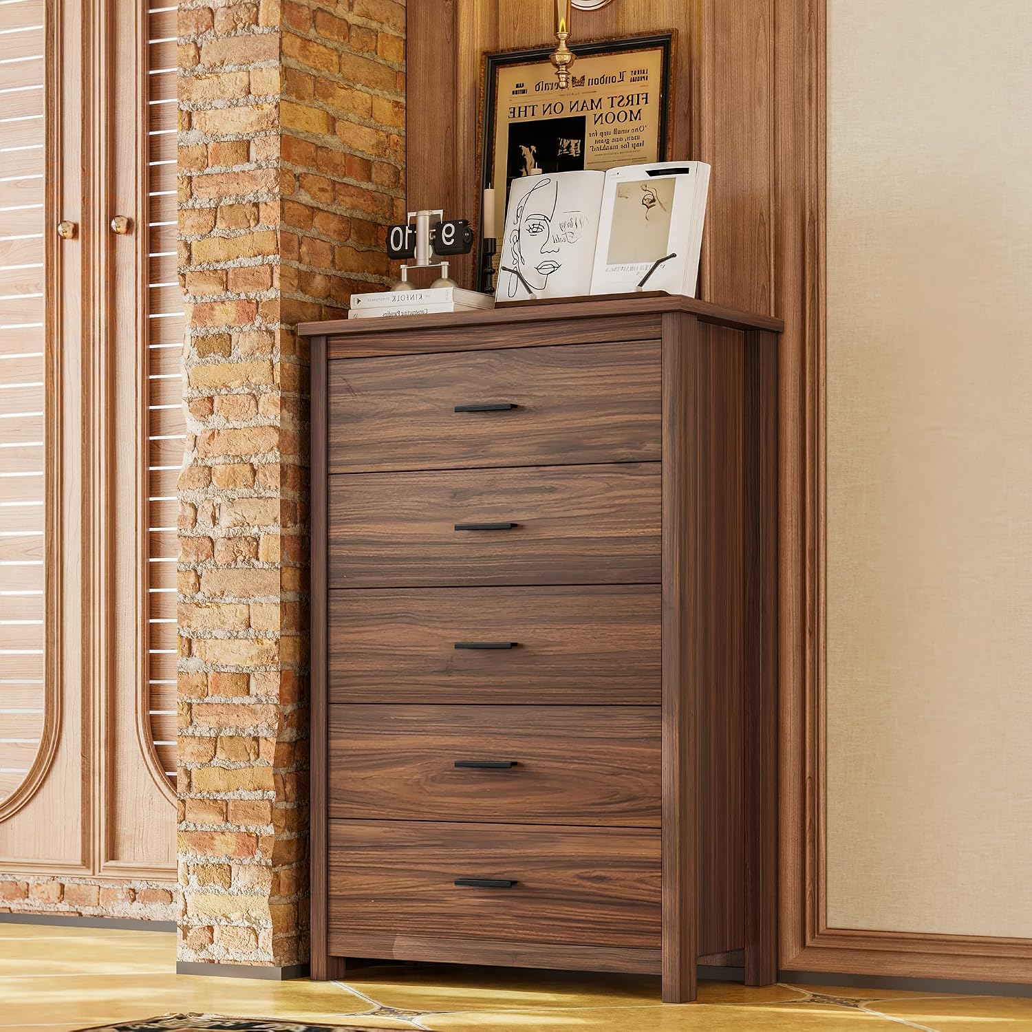 4 Piece Bedroom Furniture Set Farmhouse - Walnut Wood Queen Size Platform Bed Frame with Storage Headboard and Charging Station, Rustic Queen Bedroom Set with 1 Dresser and 2 Nightstand Sets
