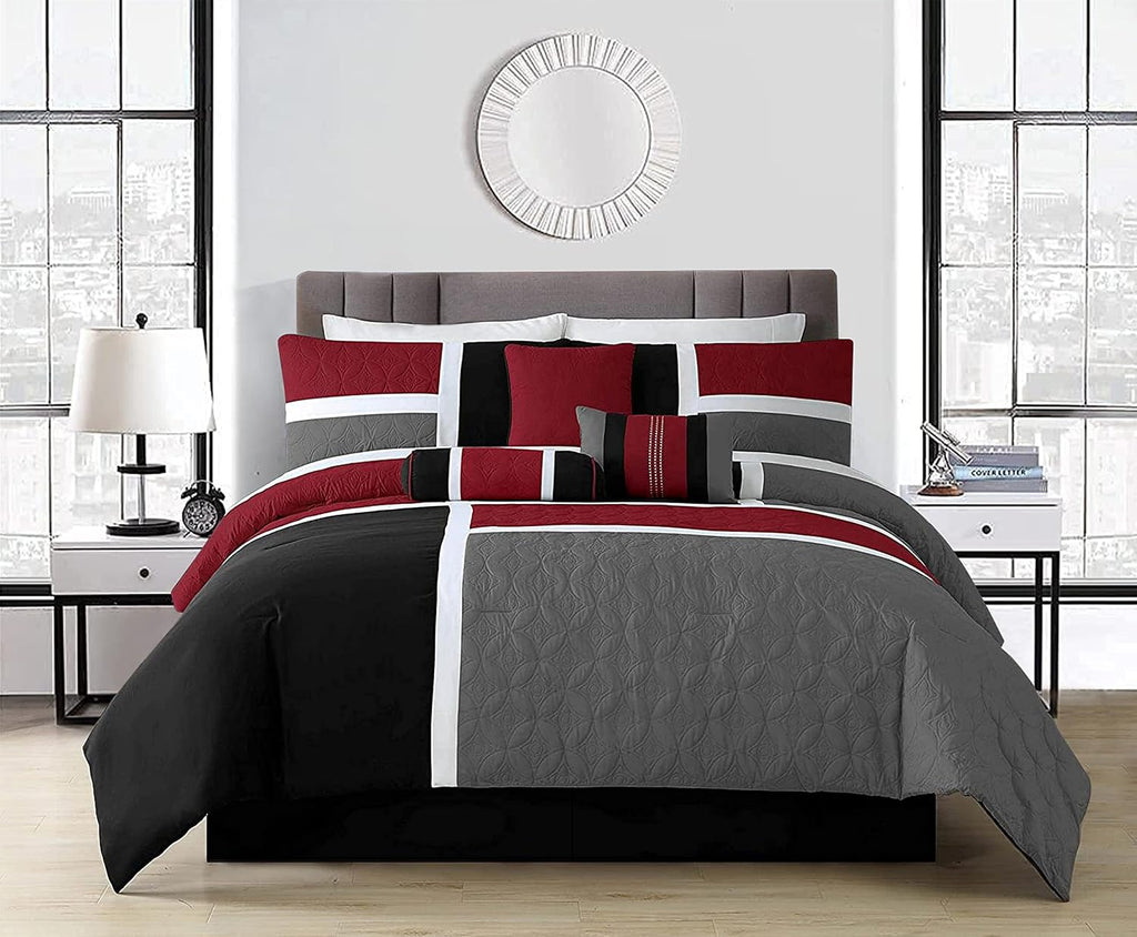 Chezmoi Collection Upland 7-Piece Quilted Patchwork Comforter Set, Red/Gray/Black, Oversized King