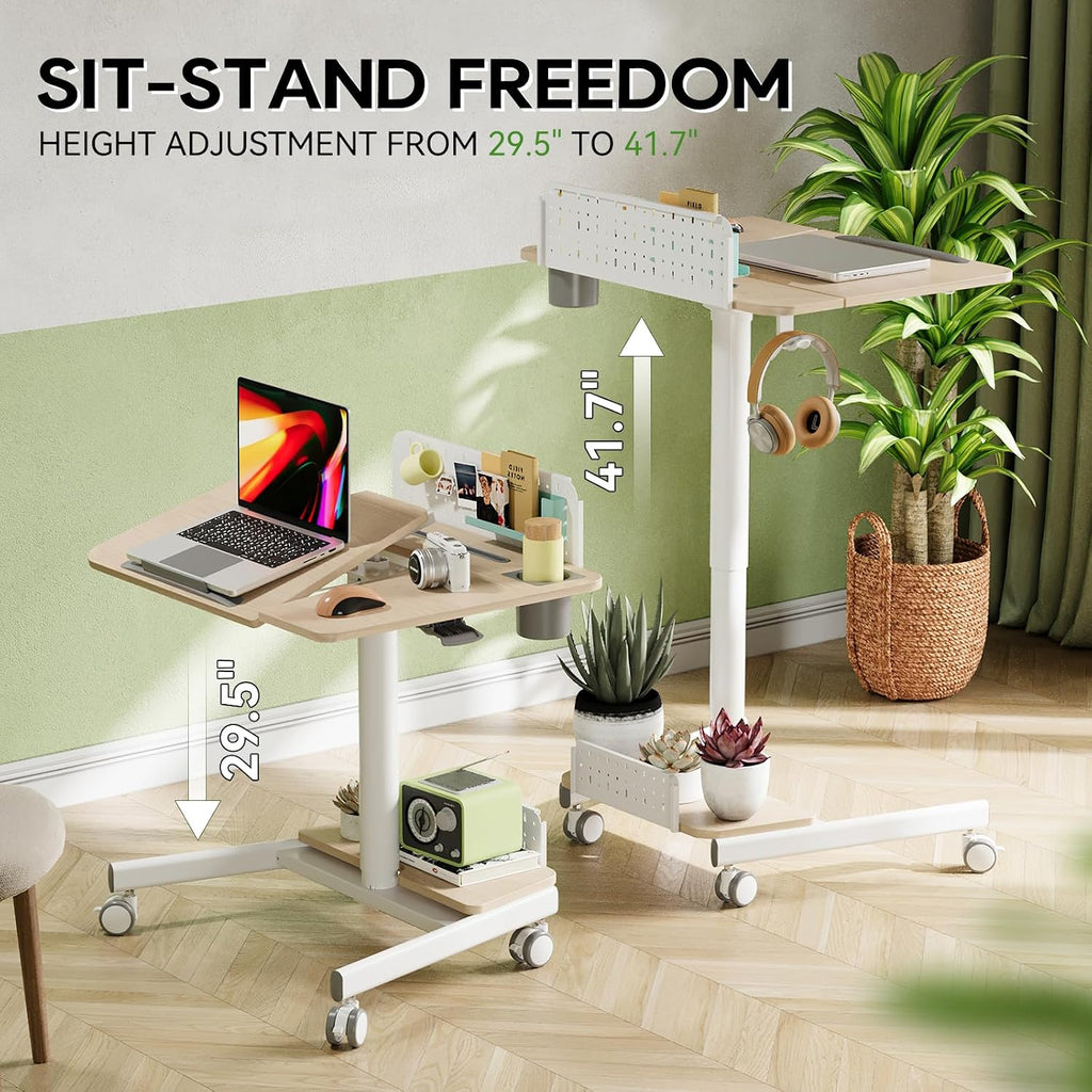 JOY worker Mobile Standing Desk with 60° Tiltable Desktop, 28' Height Adjustable Rolling Desk, DIY Pegboard & Storage Base, Portable Laptop Desk with 4 Lockable Wheels for Home Office, Oak