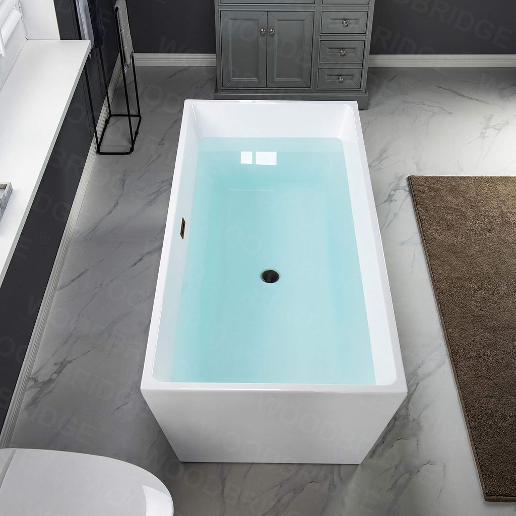 WOODBRIDGE 67' Acrylic Freestanding Bathtub Contemporary Soaking White Tub with Oil Rubbed Bronze Overflow and Drain，BTA1512-ORB-Drain&O