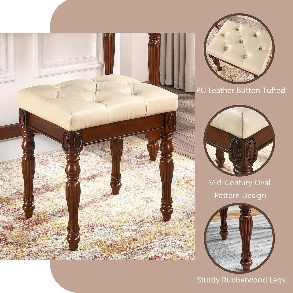 Solid Wood Makeup Vanity Table Set, 46.1' Large Dressing Vanity Table with 2 Drawers and Vanity Bench Stool Writing Desk with Solid Wood Legs & Button Tufted Cushioned Stool, Cherry&Beige