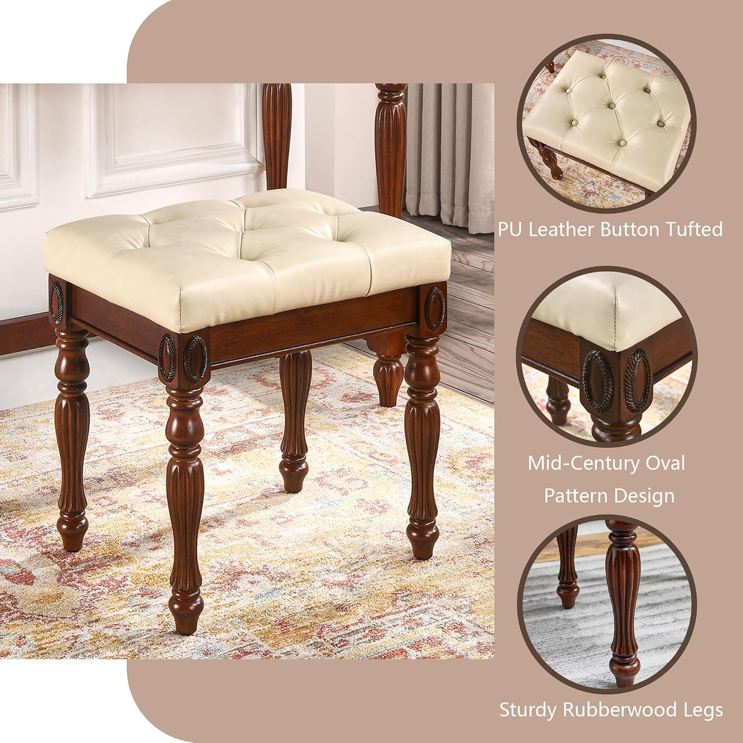 Solid Wood Makeup Vanity Table Set, 46.1' Large Dressing Vanity Table with 2 Drawers and Vanity Bench Stool Writing Desk with Solid Wood Legs & Button Tufted Cushioned Stool, Cherry&Beige