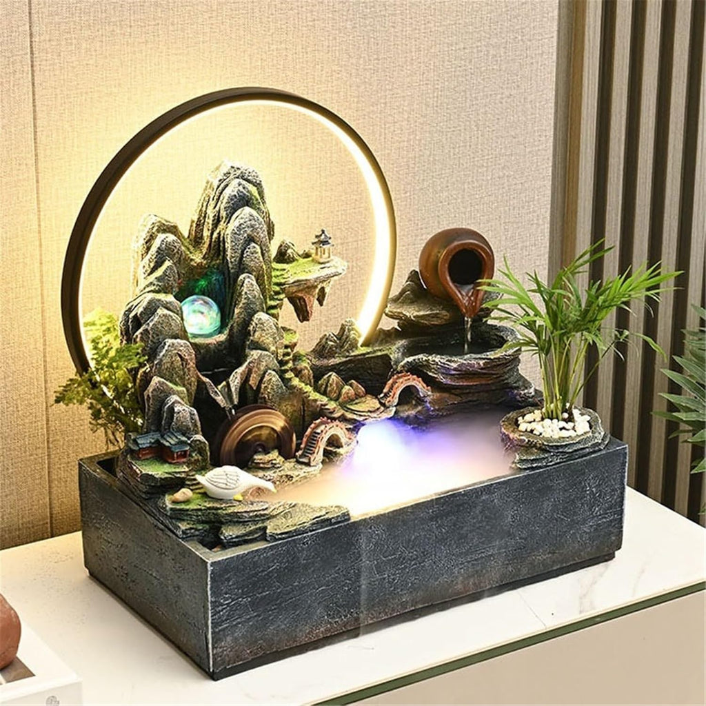 Indoor Fountain Tabletop Water Fountain, Rockery and Flowing Ornament Polyresin Decoration Waterfall Decor
