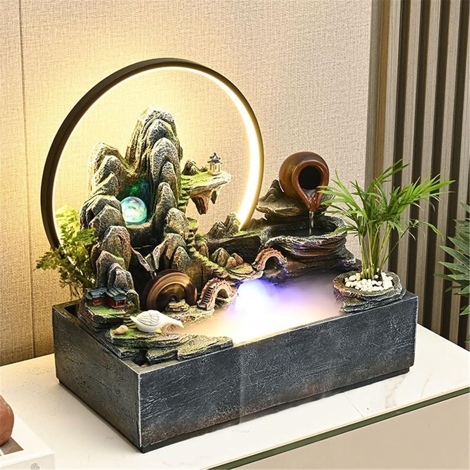 Indoor Fountain Tabletop Water Fountain, Rockery and Flowing Ornament Polyresin Decoration Waterfall Decor