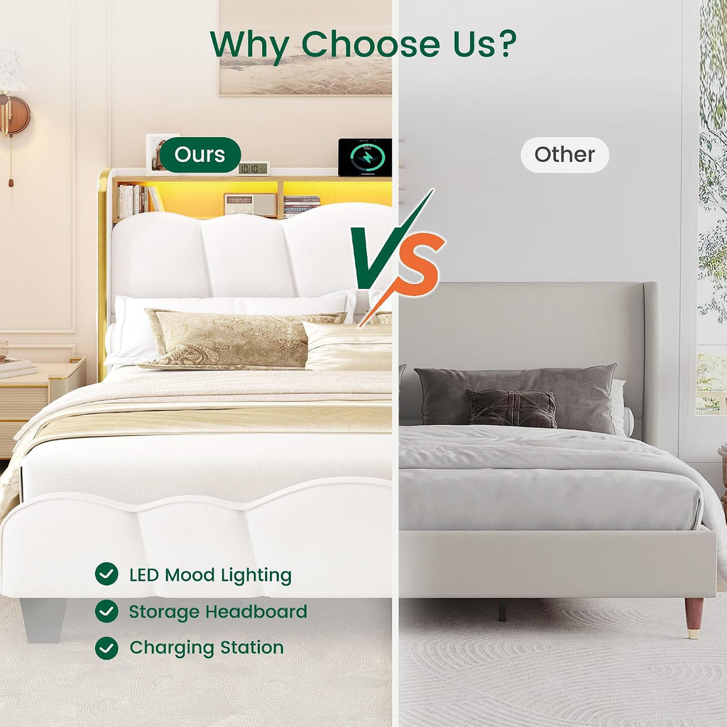 LARMACE King Size Bed Frame with LED Lights and Charging Station Velvet Upholstered Platform Bed Frame with Storage Headboard, No Box Spring Needed, Easy Assembly, White
