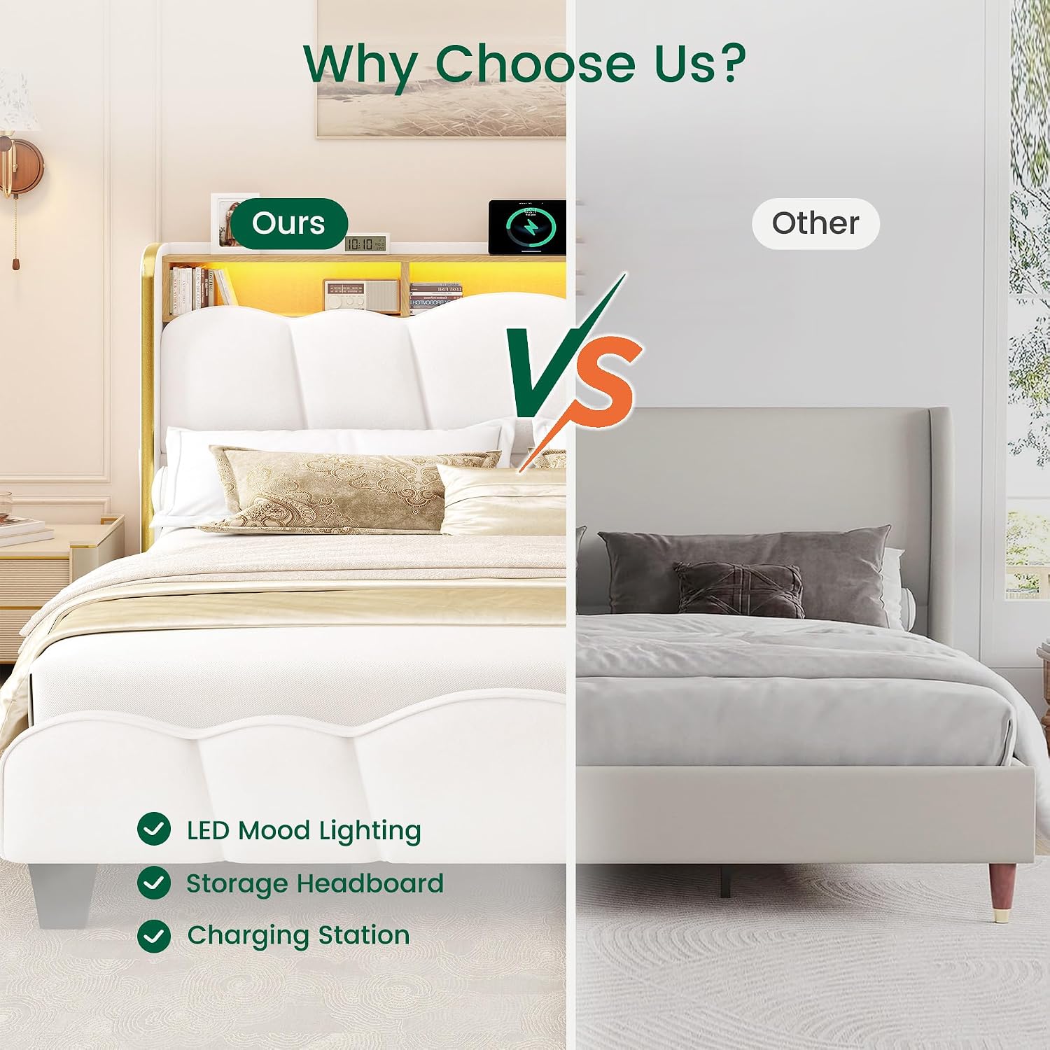 LARMACE King Size Bed Frame with LED Lights and Charging Station Velvet Upholstered Platform Bed Frame with Storage Headboard, No Box Spring Needed, Easy Assembly, White