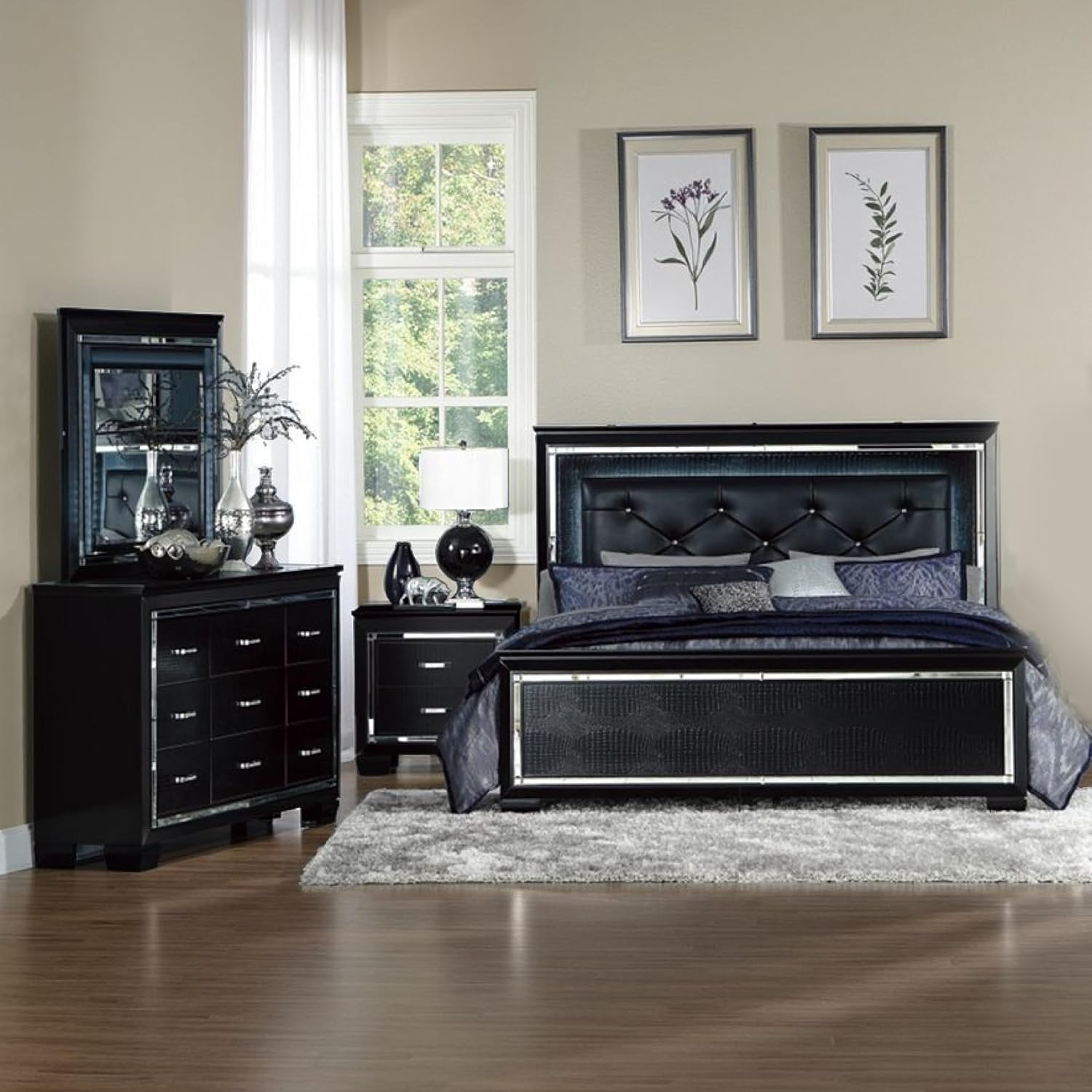 Benzara Alen 4 Pc Queen Size Bedroom Set, Button Tufting, Mirror Trim, Black