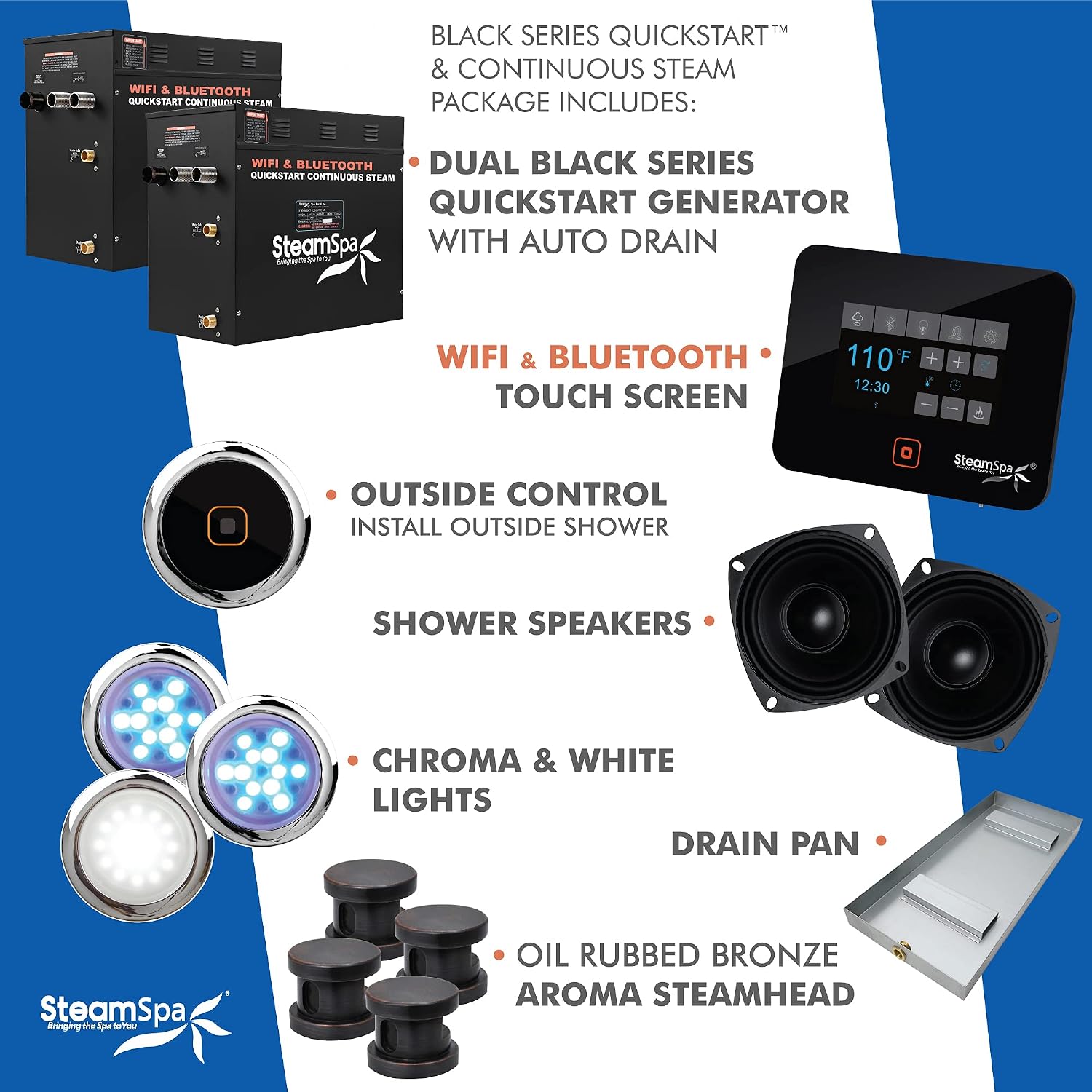 Generator with Quick Start Continuous Steam Technology, Wi-Fi, Bluetooth and Autodrain | 21kW Steam Generator with Oil Rubbed Bronze Steam Head with Aromatherapy Reservoir | RVB2100ORB-A