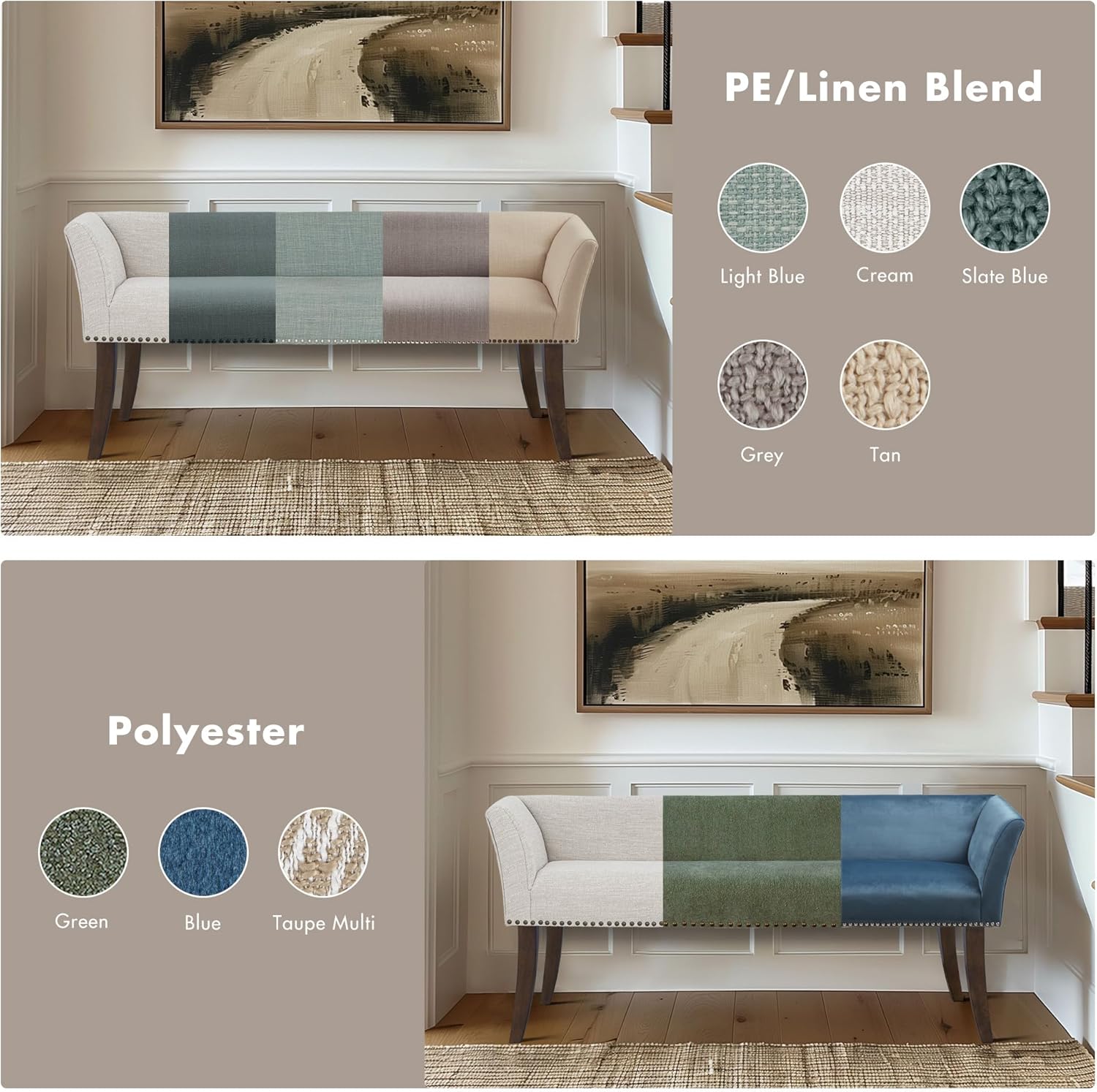 Madison Park Accent Bench for Living Room, Upholstered with Nailhead Trim, & Padded Seat Entryway Bench Small, End of Bed Bench with Back, 49.5' W x 19.25' D x 23' H, Taupe Multi