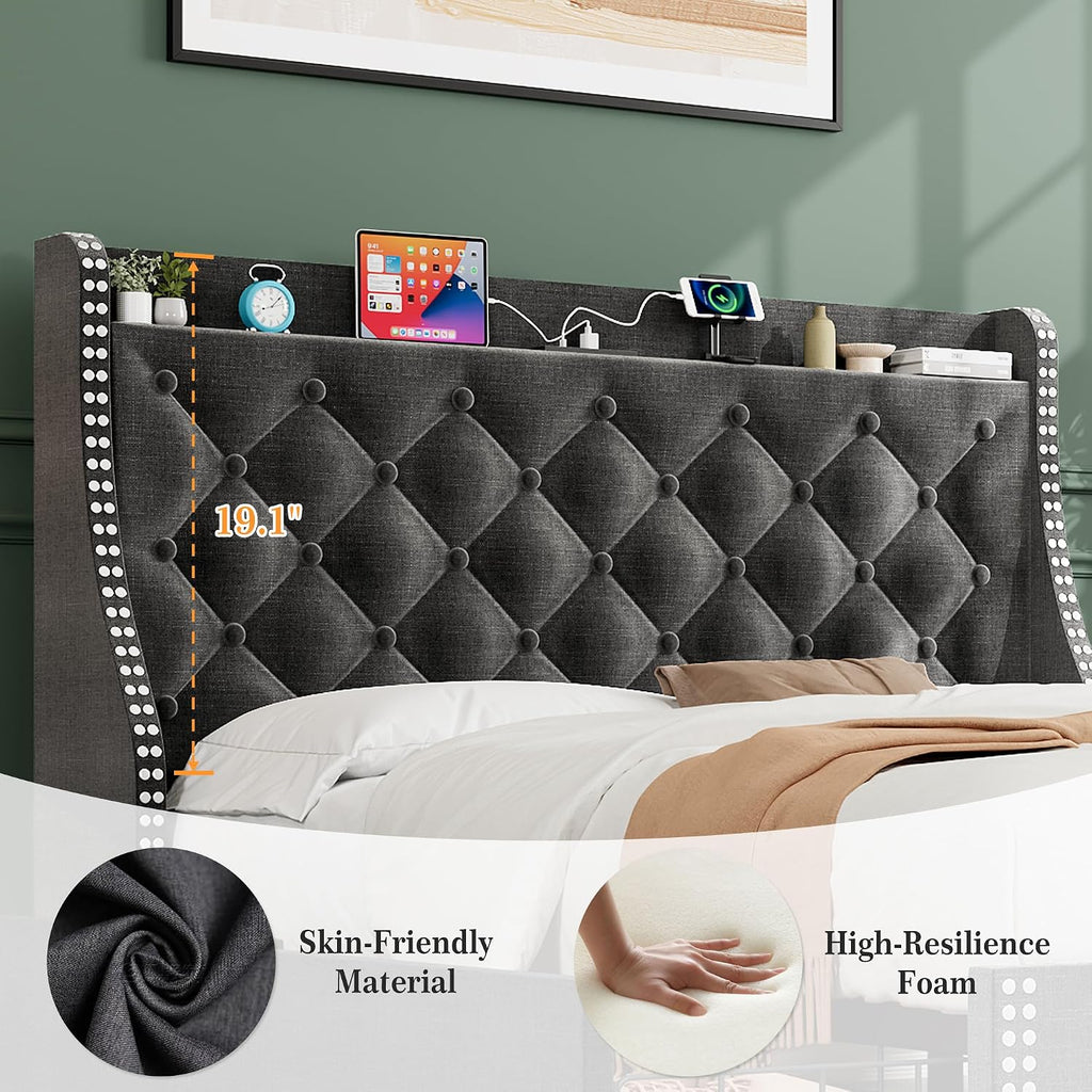 Upholstered Queen Bed Frame with 4 Storage Drawers, Wingback Headboard with Charging Station, Diamond Stitched Button Tufted Design, No Box Spring Needed, Grey