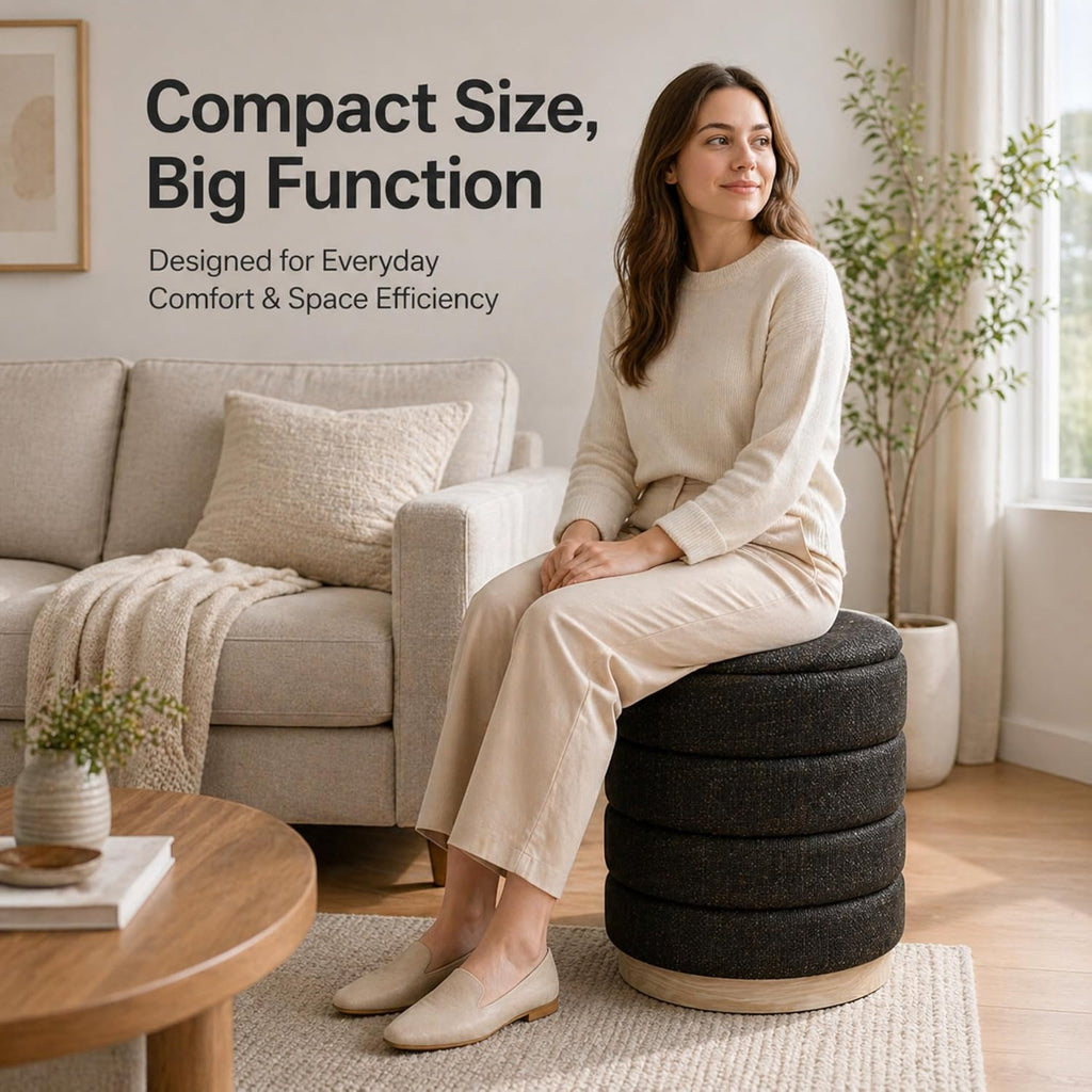 Ottoman Collection Stylish Linen Cylinder Storage Chocolate Round Footrest Vanity Stool Furniture Living Room Small Bench 16' L X16 W X 17' H