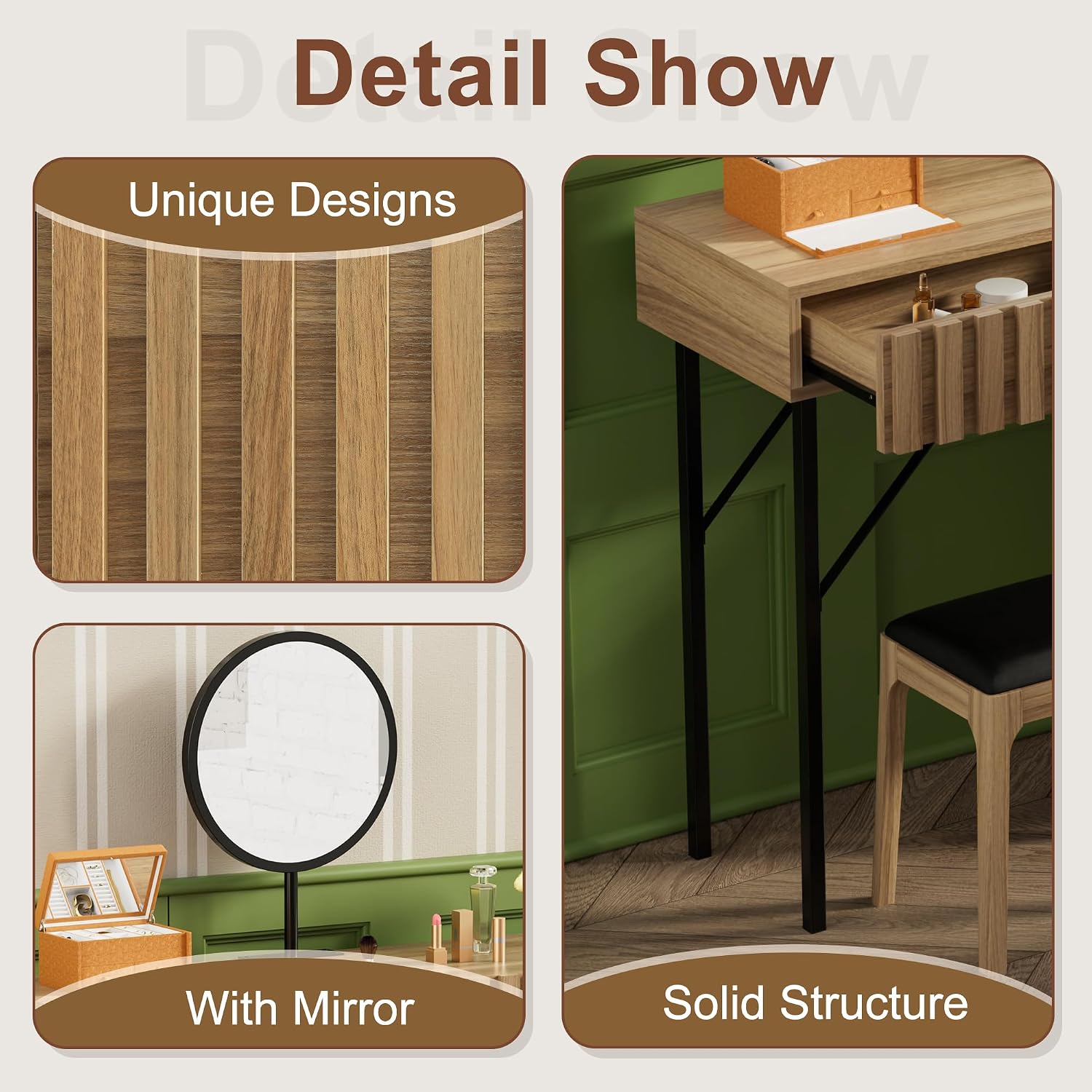 UEV Wood Vanity Desk with Mirror,Makeup Vanity Set with Drawer Chest,Vanity Dressing Table Makeup Desk Set with Storage Space for Bedroom(Wood)