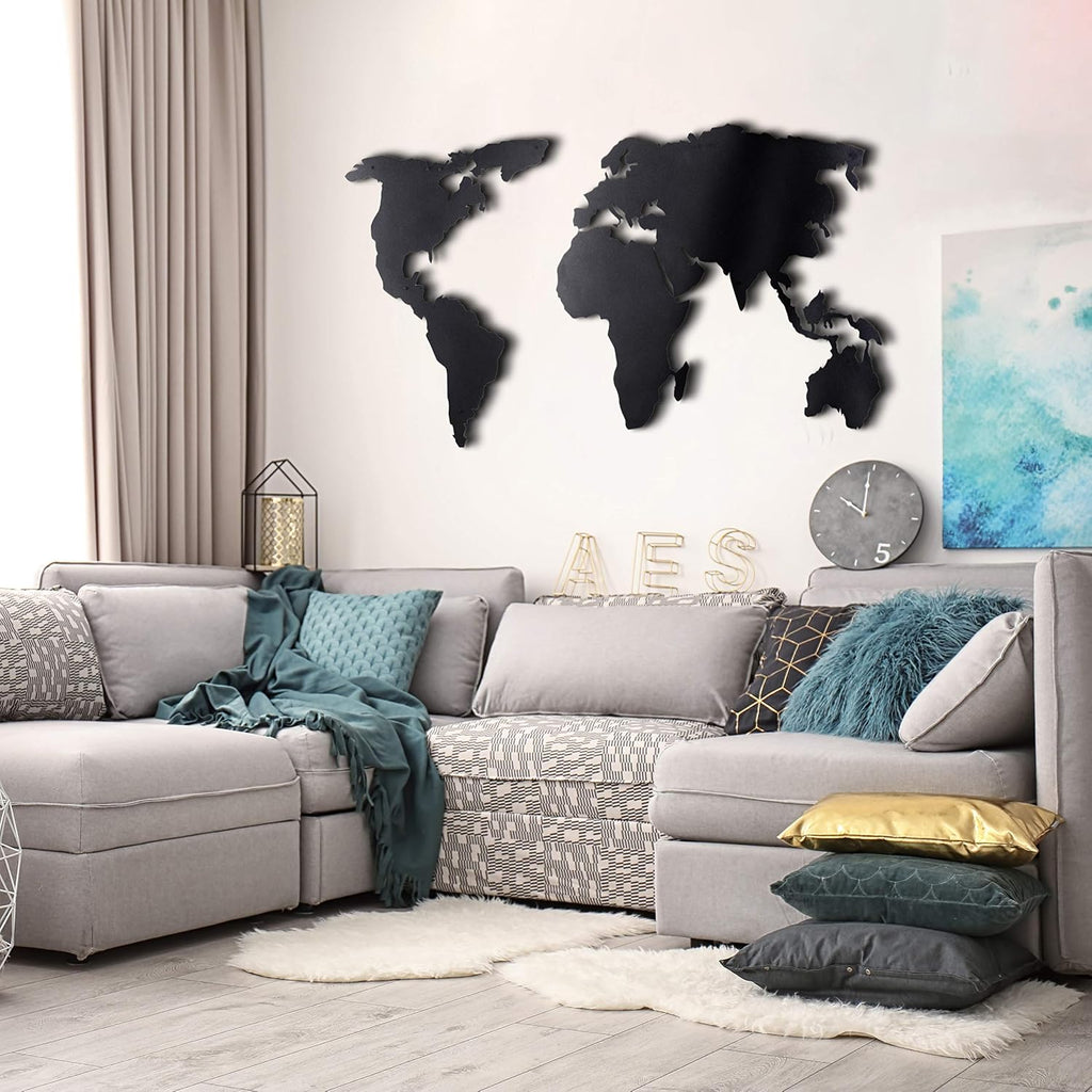World Map Wall Art, 100% Metal World Map 2D, Sculpture, Large and Wide - Size (23.6' x 47.2') - Wall Hanging for Living Room, Bedroom, Dorm Size (23.6' x 47.2') (Black, (23.6' x 47.2'))