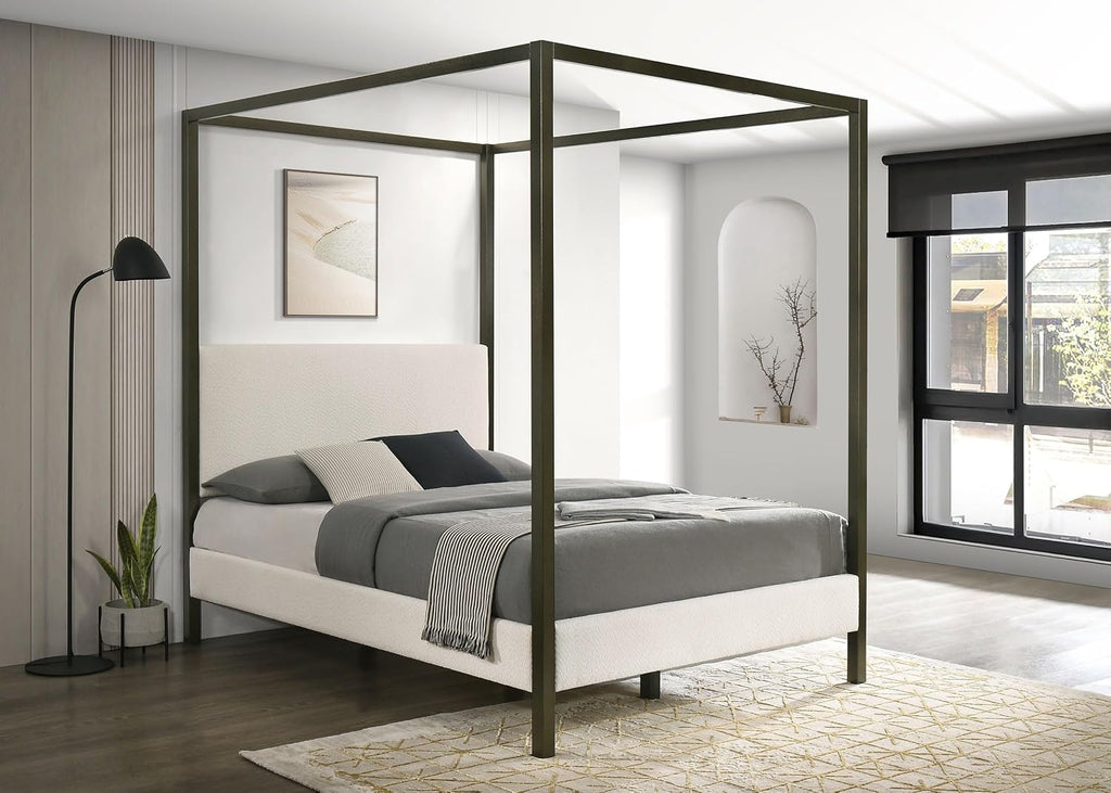 Coaster Home Furnishings - Monroe - Wood - Upholstered Canopy Bed with Four-Post Metal Frame, Padded Headboard and Transitional Style - Bedroom - Queen Size - Vanilla - 300834Q
