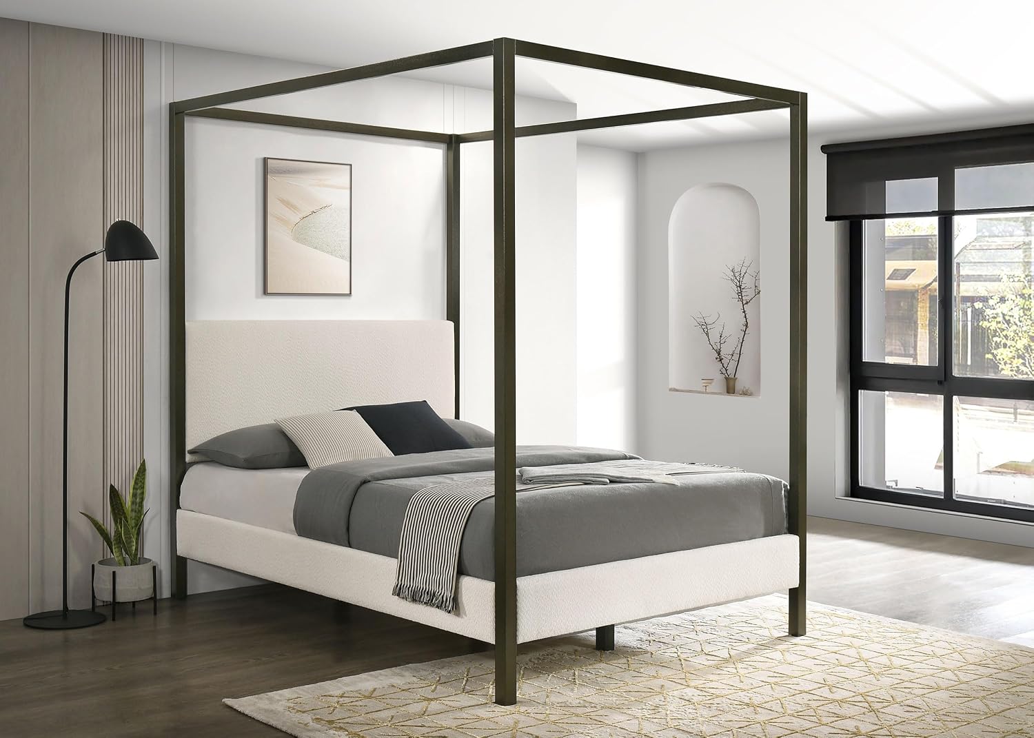 Coaster Home Furnishings - Monroe - Wood - Upholstered Canopy Bed with Four-Post Metal Frame, Padded Headboard and Transitional Style - Bedroom - Queen Size - Vanilla - 300834Q