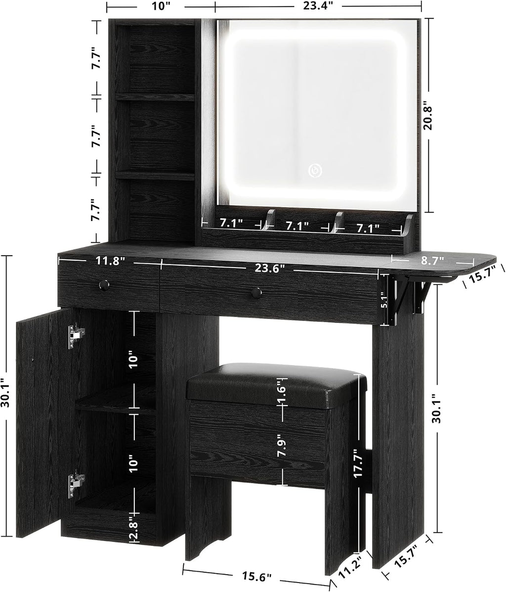 IRONCK Vanity Desk with LED Lighted Mirror & Power Outlet, Makeup Table with Drawers & Cabinet,Storage Stool,for Bedroom, Black